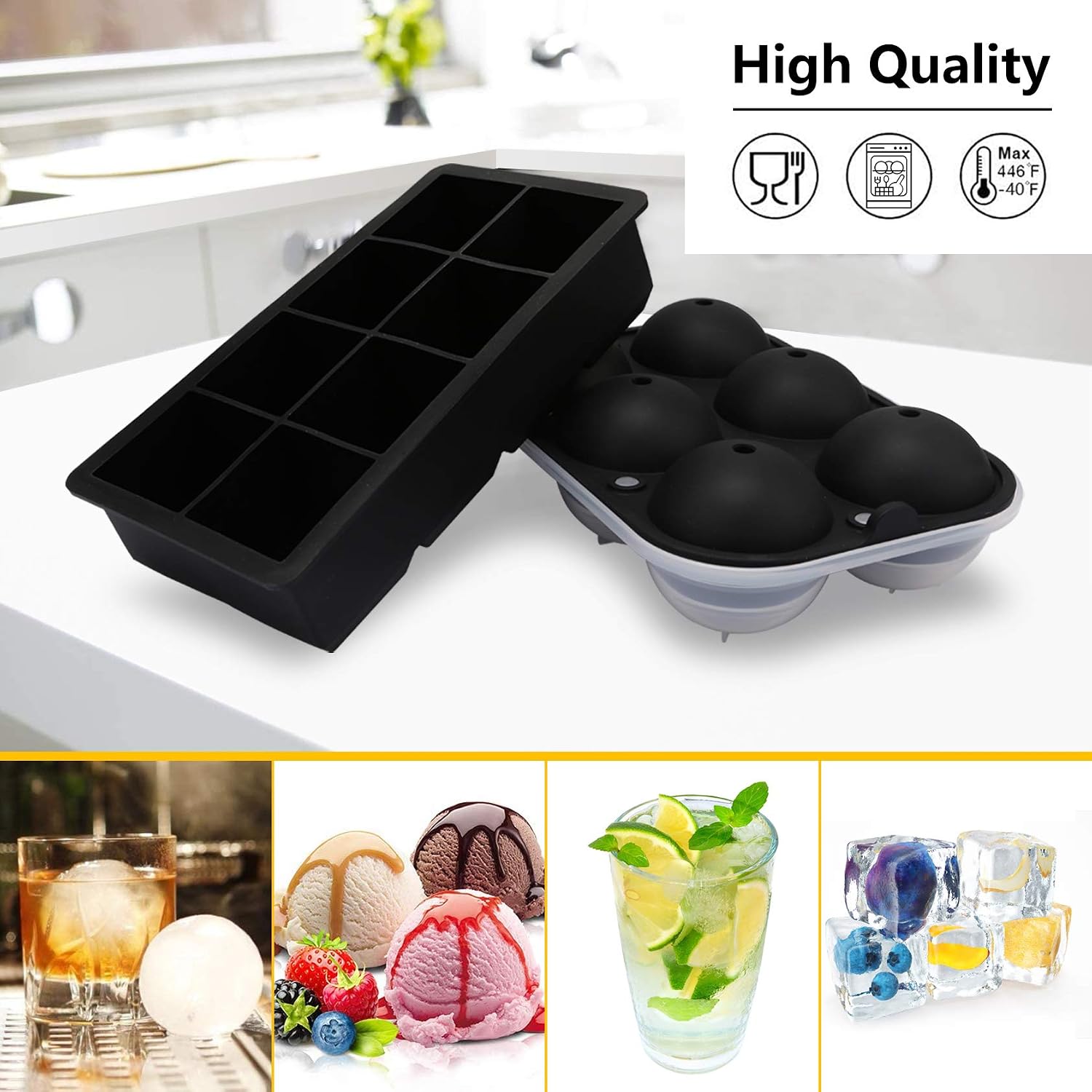 TGJOR Ice Cube Trays, 2 Pack Easy Release 2.5” Ice Sphere Mold Tray and Large 1.9” Square Ice Cube with Lid, Reusable Ice Ball Maker for Whiskey, Cocktail or Homemade (Funnel Included)