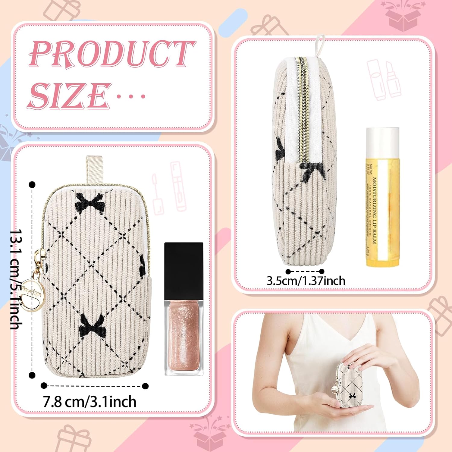 Portable Chapstick Holder Pouch with Keychain, Corduroy Travel Lipstick Bag Storage Bag, Mini Lip Balm Holder Organizer Storage Case for Small Items (Bow-Beige) image 2
