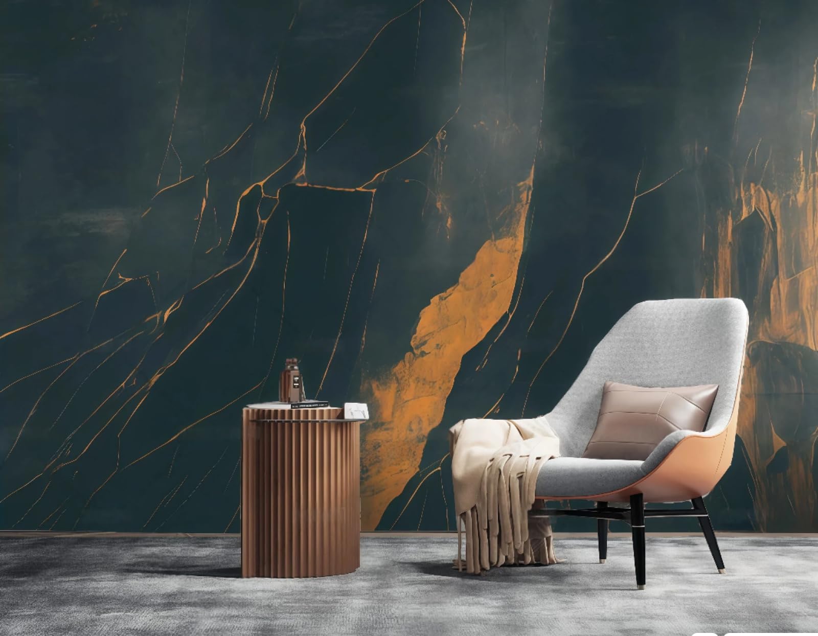 Tapeta nowoczesna minimalistyczna sztuka pomarańczowe falowane szwy ciemnoniebieski marmur TV sofa tło tapeta ścienna salon restauracja kawiarnia mural, 3D, 300 x 210 cm