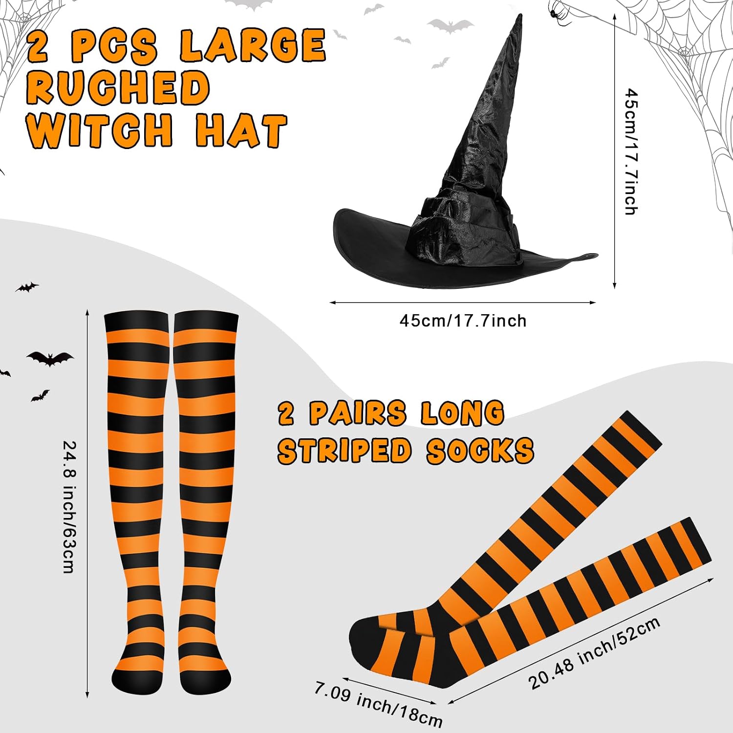 Handepo 4 Pcs Halloween Witch Costume Include 2 Pair Thigh High Socks Witch Knee Striped Socks 2 Pcs Halloween Hats Large Ruched Costume Accessory for Women Party Cosplay Supplies