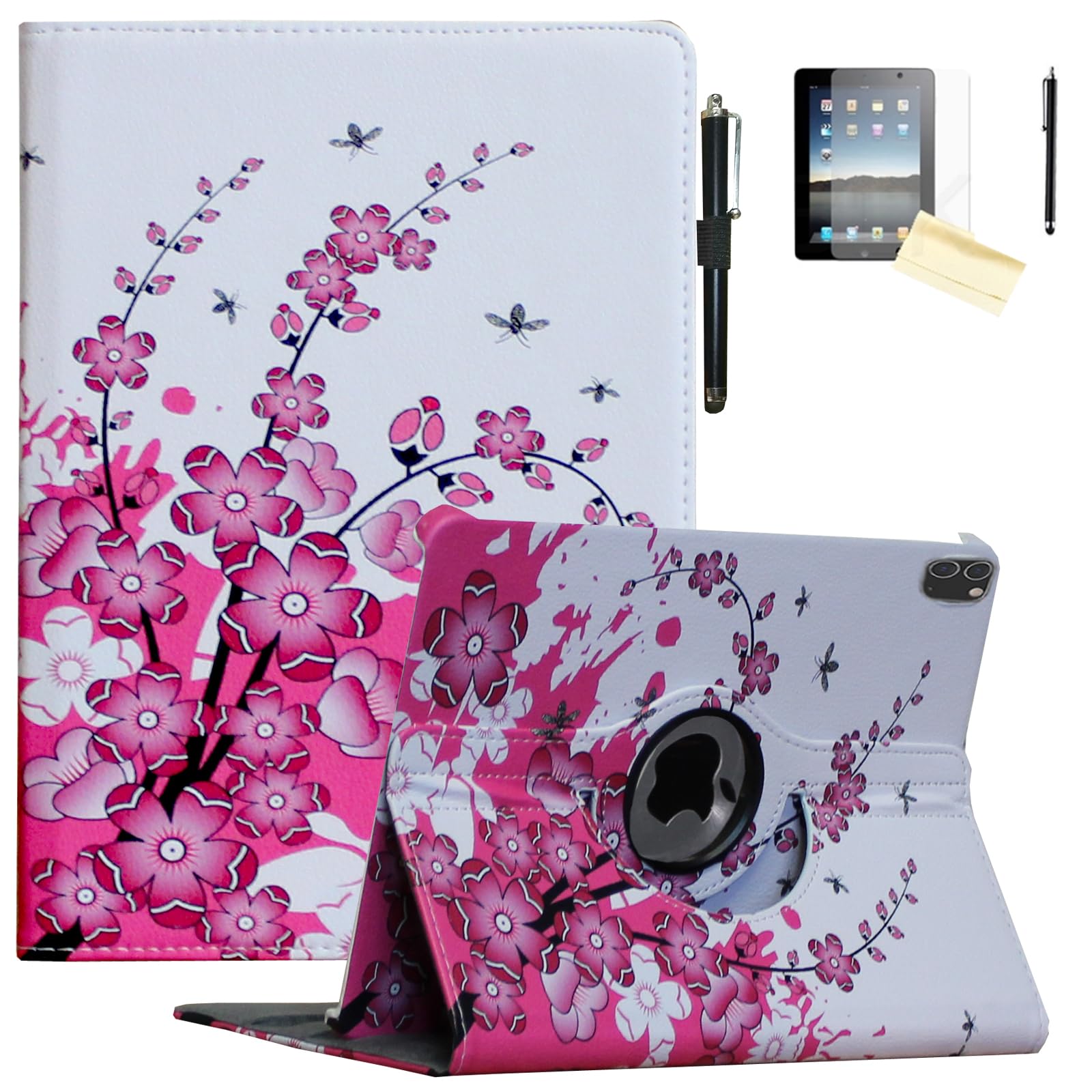 Étui pour iPad Air M4 11"/Air M3 11"/Air M2 11", Smart Cover Rotatif, Réveil Automatique et Veille pour A3459 A3460 A3266 A3267 A2902 A2903 (Fleur Rose)