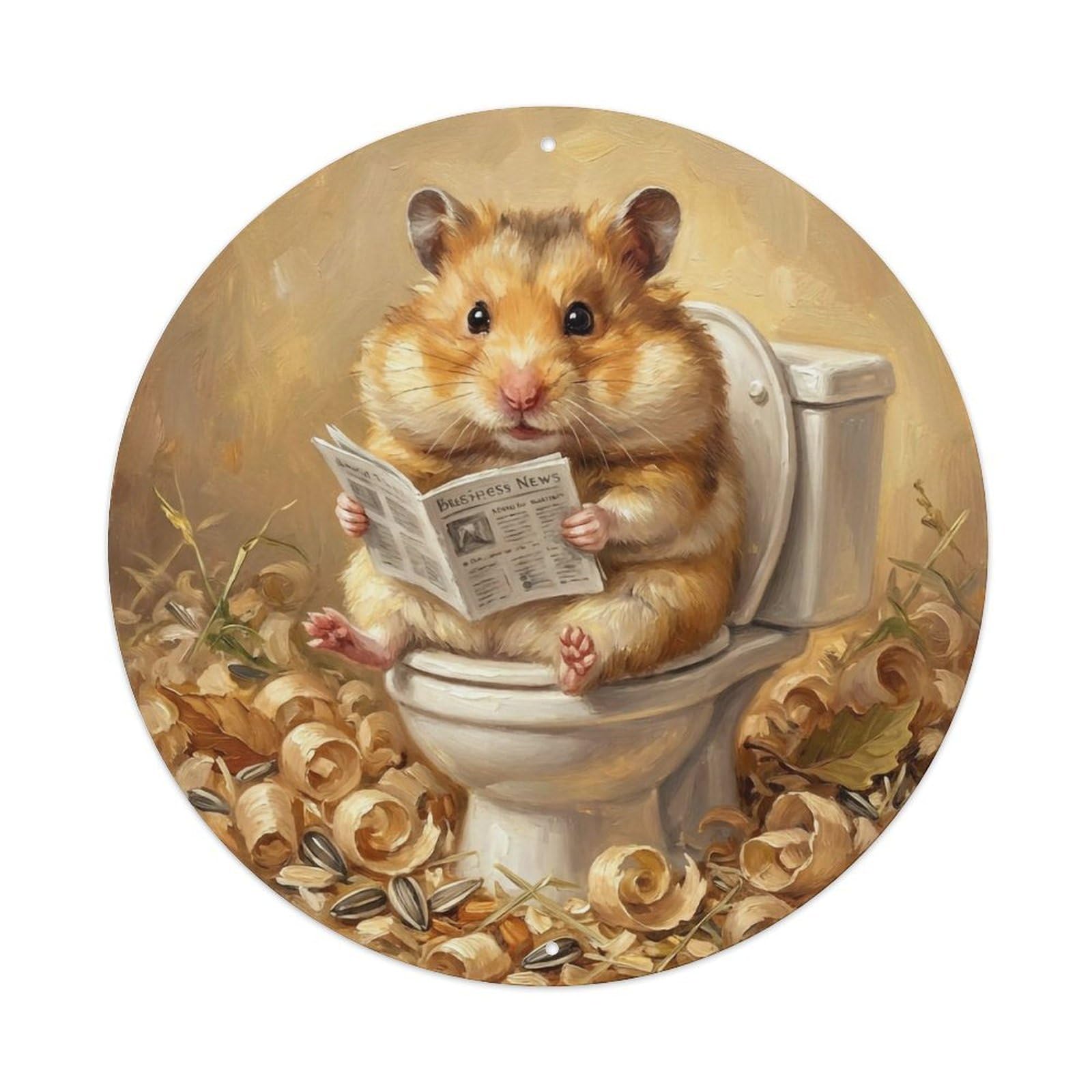 Hamster On Toilet Humorous Bathroom Cozy Wood Shavings Metal Tin Sign