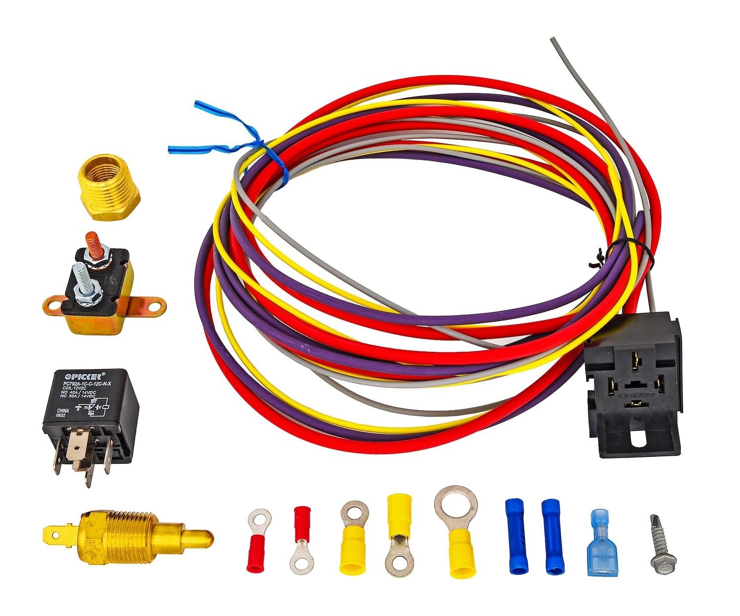 JEGS Single Fan Wiring Harness And Relay Kit | 30 Amp | Includes 80in.Harness, Fan Switch, 30-Amp Relay, 30-Amp Circuit Breaker, 3/8 to 1/2in. NPT Adapter, And Crimp Terminals & Hardware | Made In USA