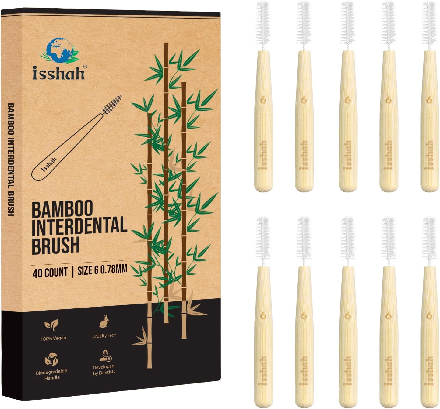 Bamboo Interdental Brushes, Between Teeth Cleaner Deep Clean Brush, 40 Count, Size 6, Large Gaps