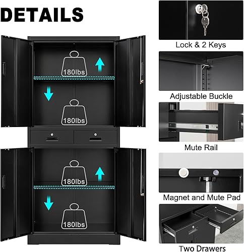 Miniatura 4 de Gabinete de almacenamiento de metal, armario de almacenamiento con bloqueo con estantes ajustables y 2 cajones, 16 pulgadas de profundidad x 32