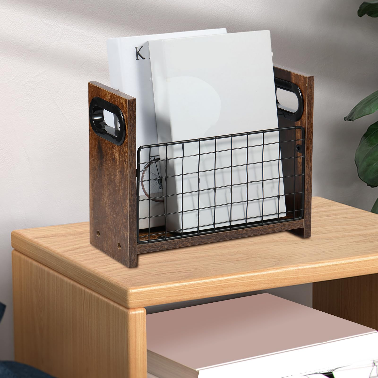Qinglang Brown Magazine Rack Metal & Wood Magazine Newspaper Holder Practical Mail Organizer Folder Organiser Bin Space Saving File Storage Basket For Magazines Books Documents Tablets In