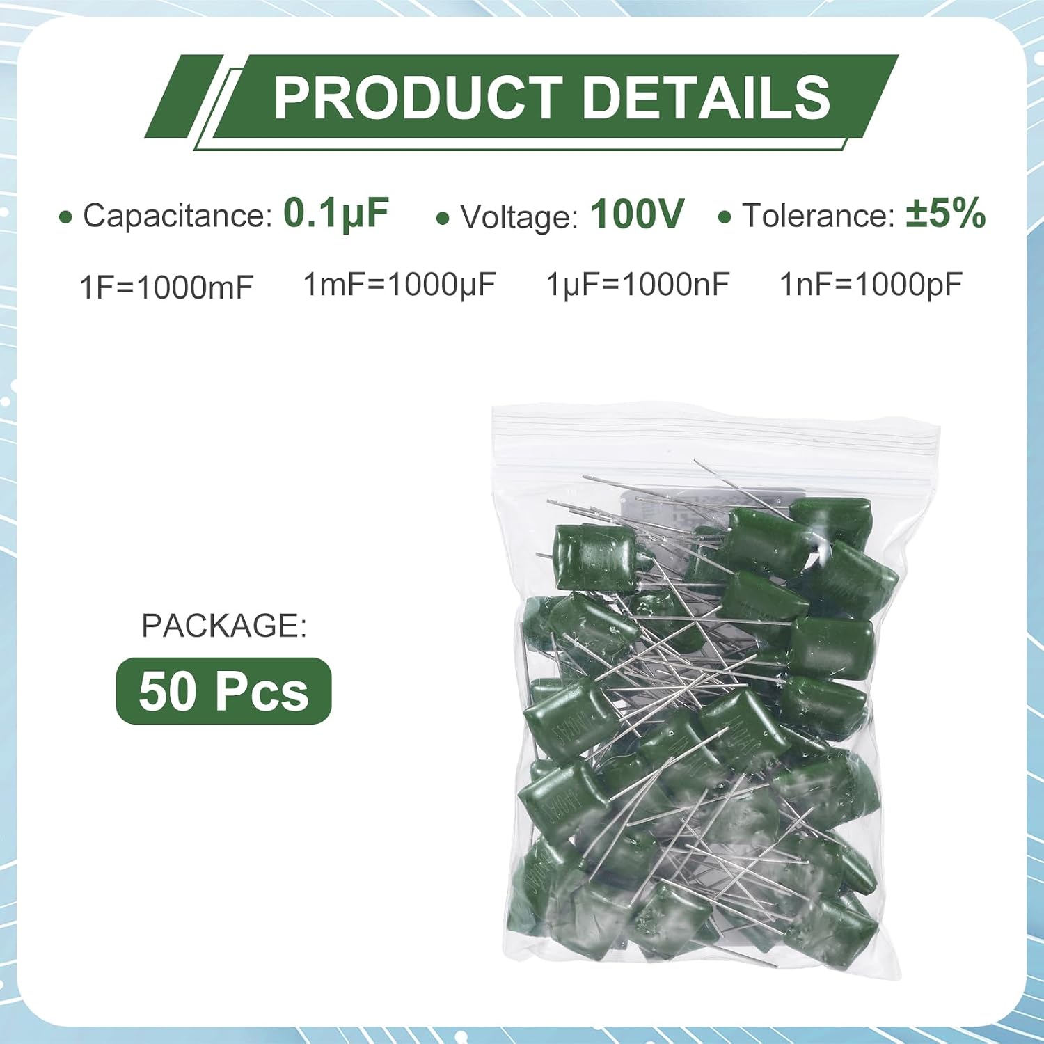 MECCANIXITY 50 Pcs Metallized Polypropylene Film Capacitor, 0.1uF 100V 5% Metallized Polyester Film Capacitor Bulk, Electronic Component Assortment Kit for DIY Circuit Electric Device, Green