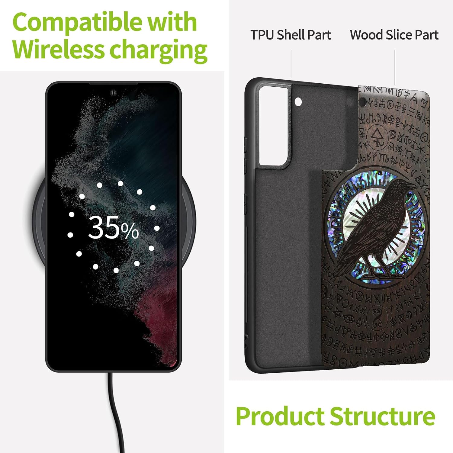 Carveit Designer Wooden Cover for Samsung Galaxy S22 Case [Wood Engraving & Shell Inlay] Compatible with Wireless Chargers Galaxy S22 (Witchcraft Raven-Blackwood)