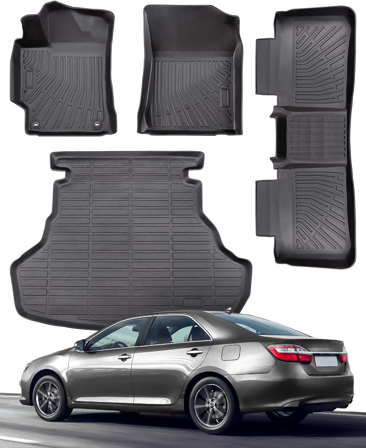 4PCS Laser Cut Floor Mats 2015 2016 2017 for Toyota Camry LE/SE/XSE/XLE TPE All Weather Guard Anti-Slip Full Front Rear Cargo Liner Trunk Matts (Not Fit for Hybrid or AWD), Car Automotive Accessories