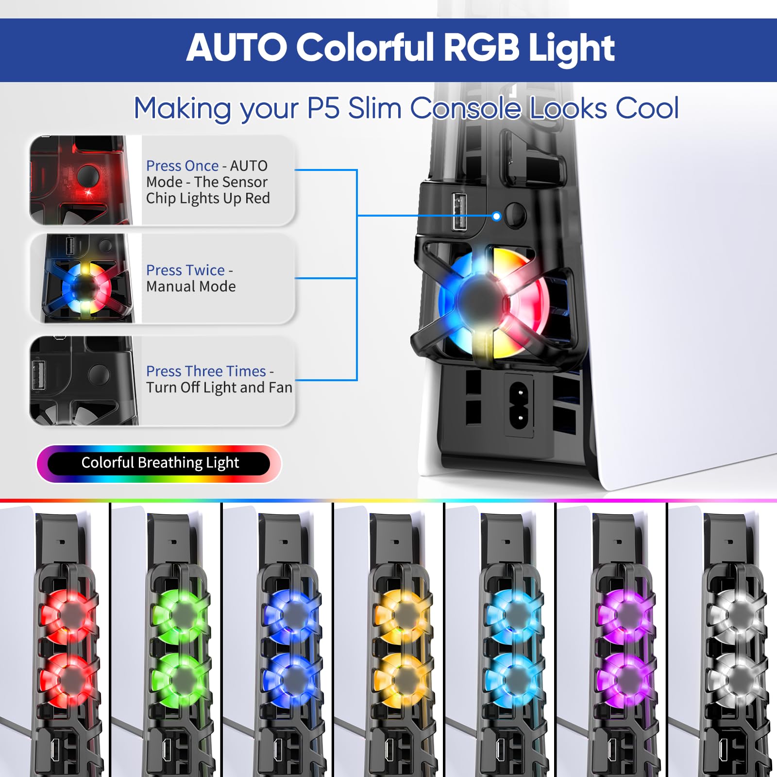 FASTSNAIL Ventilador de refrigeración RGB para PS5 Slim, velocidad automática ajustable por temperatura, encendido y apagado automático, sistema de bajo ruido