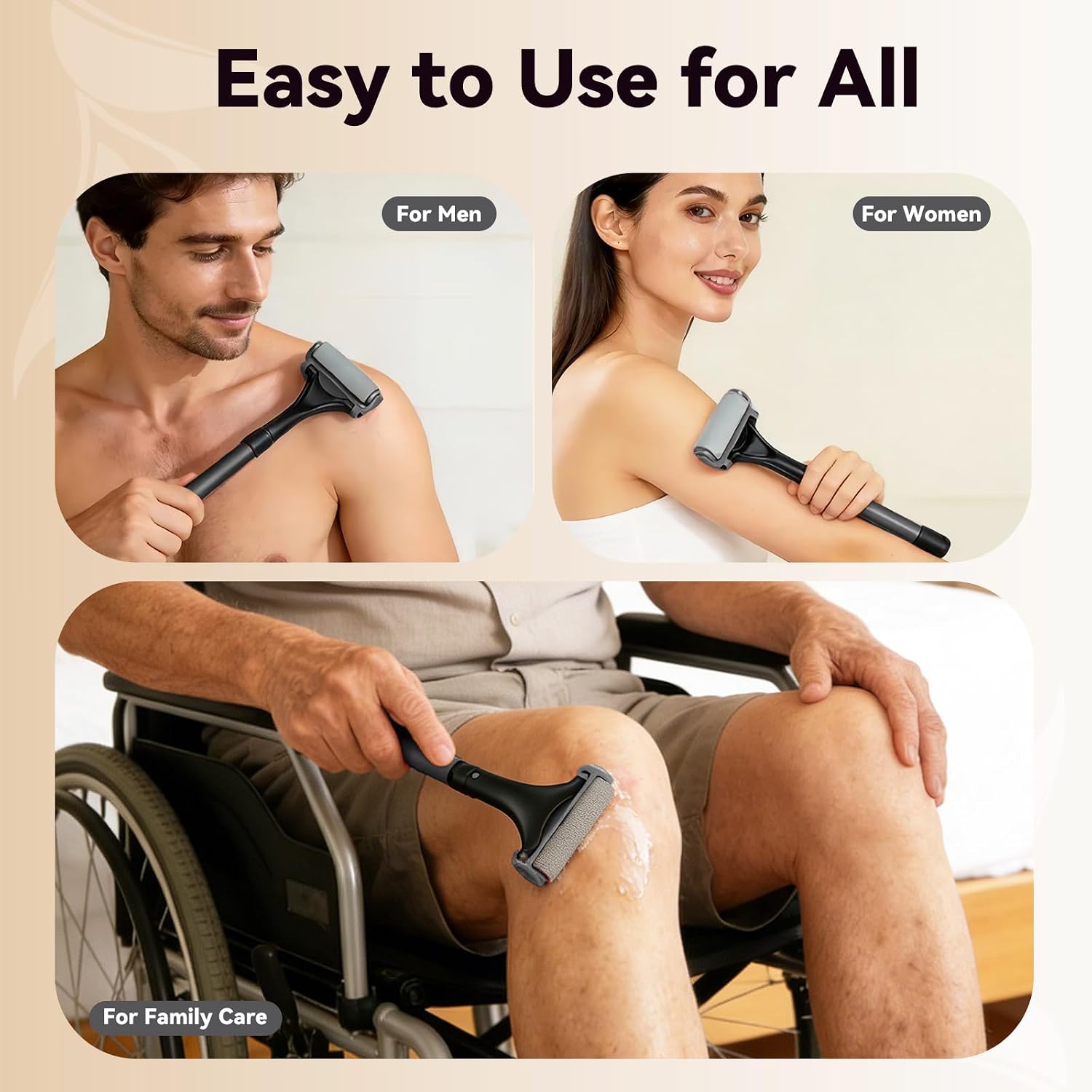 Lotion Applicator for Back&Body-Extendable up to 21.5" Back Lotion Applicator with 3 Roller and 2 Finger caps for Back self,Lotion Stick & Sunscreen Applicator for Skin Cream,Oils & More,Black