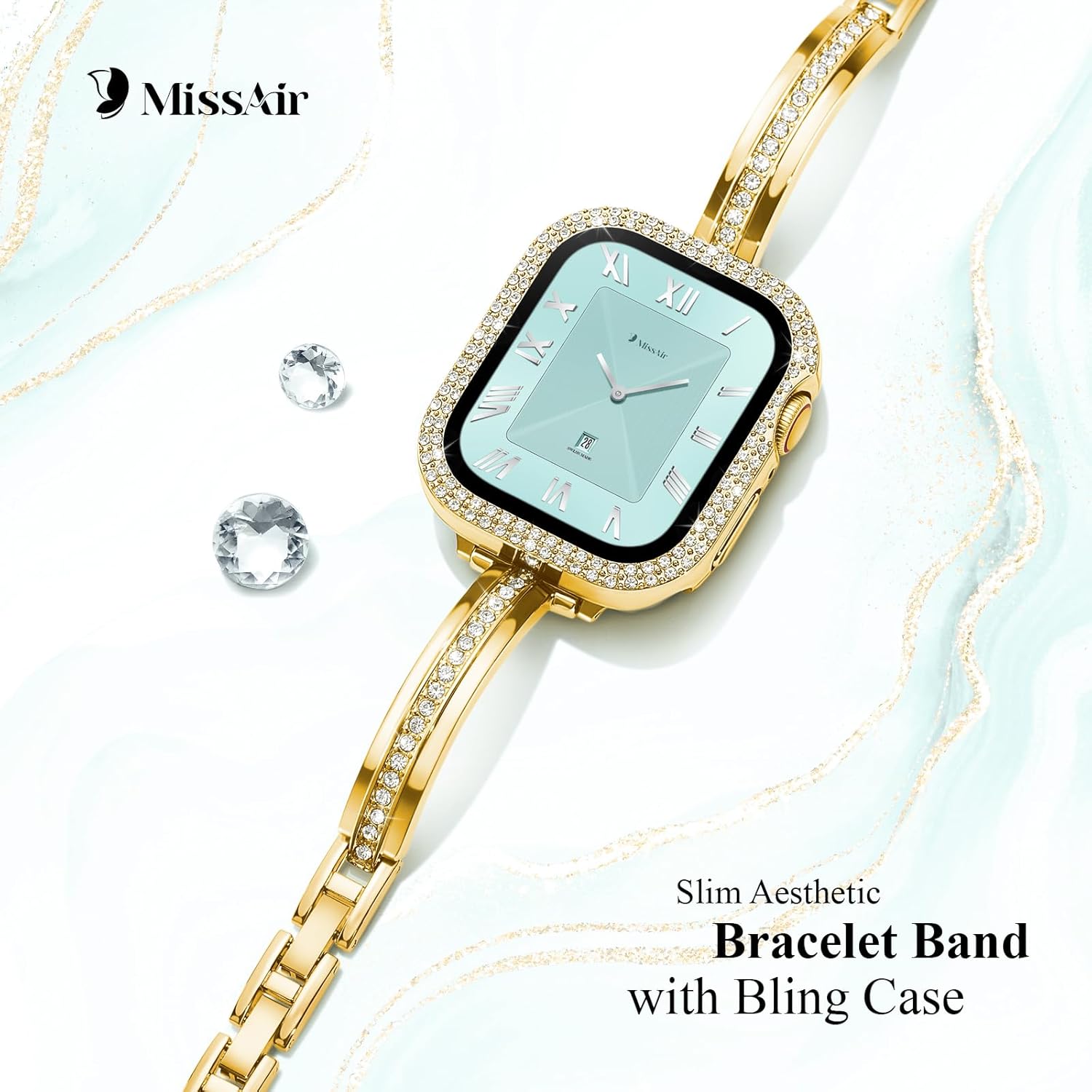 Missair Bands Compatible for Apple Watch Band 40mm 41mm 44mm 45mm with Screen Protector Case, Slim Metal Dressy Jewelry Bracelet Strap with Bling Diamond Cover for iWatch Series 9 8 7 6 5 4 for Women - Image 3