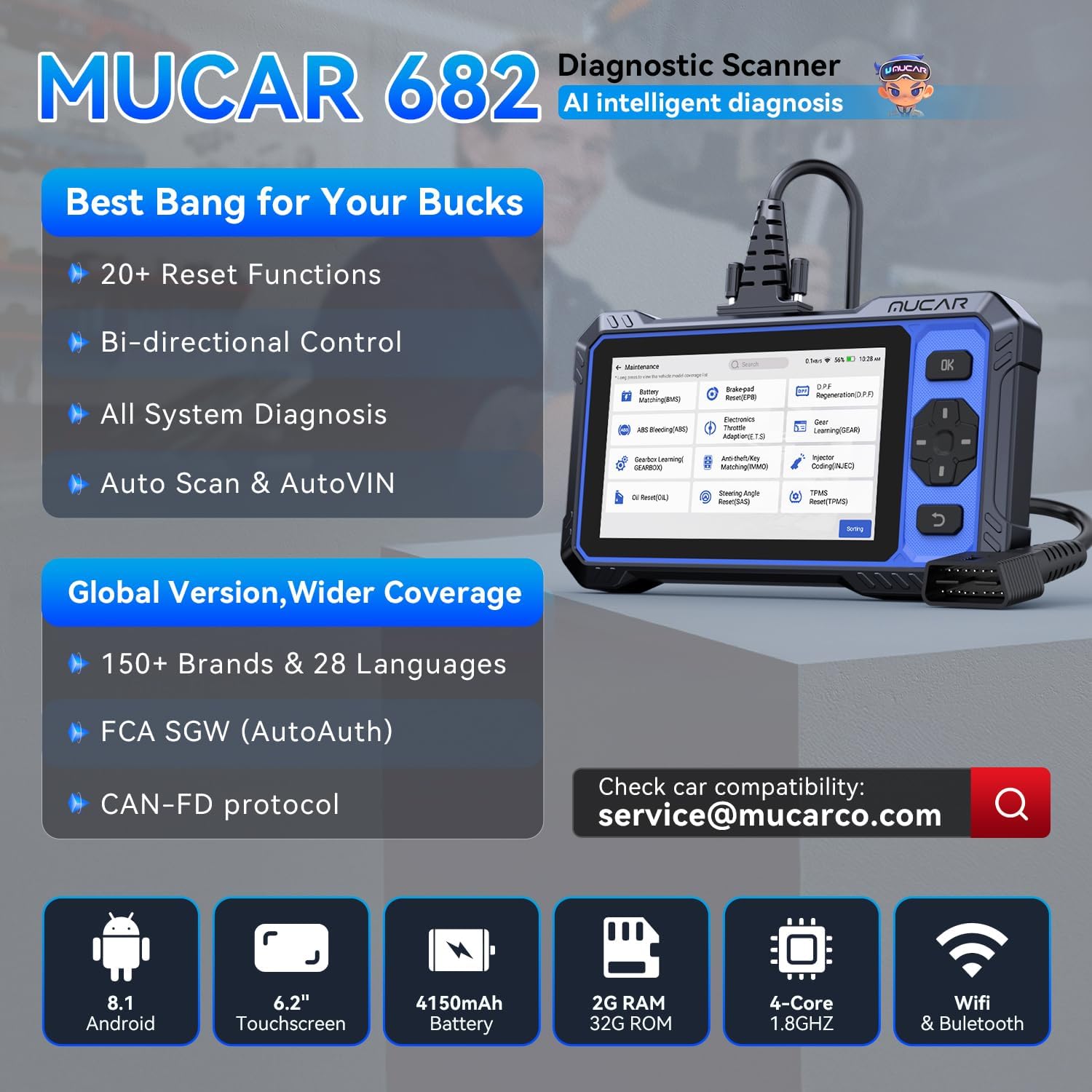 OBD2 Scanner, MUCAR 682 AI-Assisted Car Diagnostic Tool, Automotive Bidirectional Scan Tool, FULL Systems Car Diagnostic Scanner, Scanner for Car with 20+ Reset, CAN FD & FCA SGW, Lifetime Free Update
