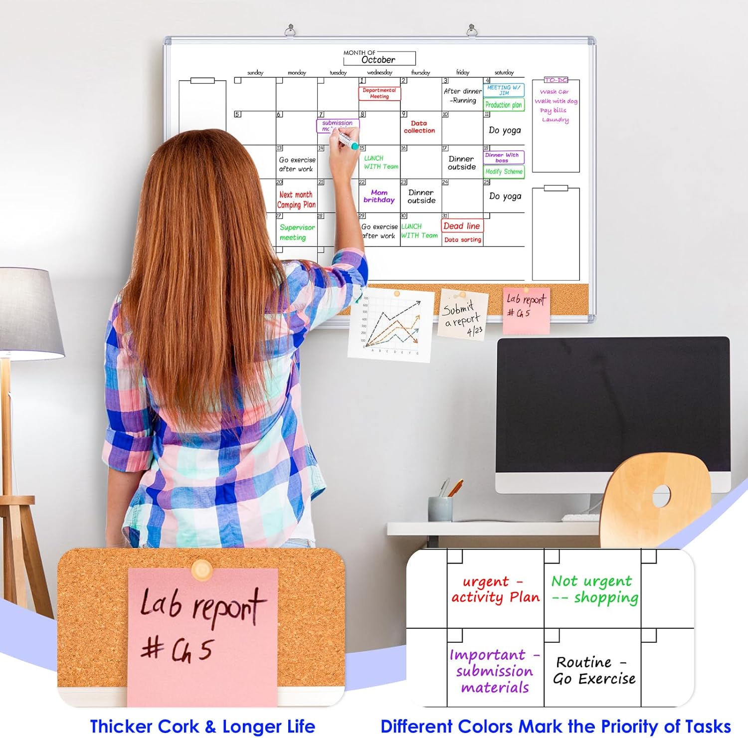 36" x 24" Calendar Whiteboard for Wall, 28 pcs Magnetic Dry Erase Labels - Do Not Require Wiping, Large Magnetic Dry Erase Calendar Cork Board for Office, Kitchen, School, Home