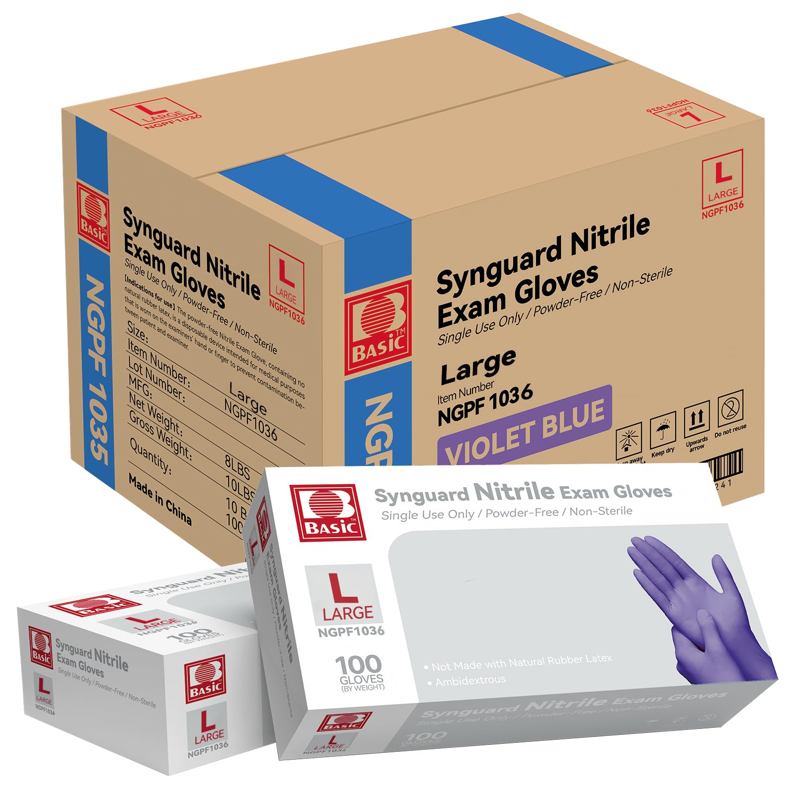 Basic Nitrile Exam Gloves, Medical Violet Blue Gloves Disposable Latex Free Powder-Free For Exam, Food Prep Cleaning, Large Case Of 1000, L, NGPF1036
