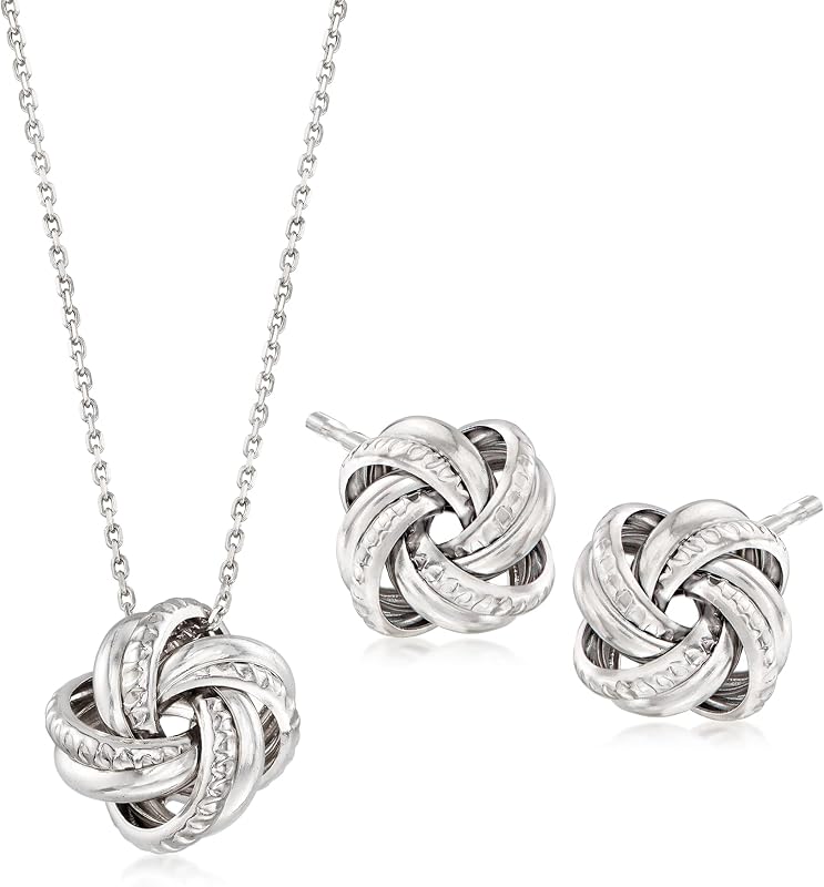 Conjunto de joyería italiana de plata esterlina: collar y aretes con nudo de amor