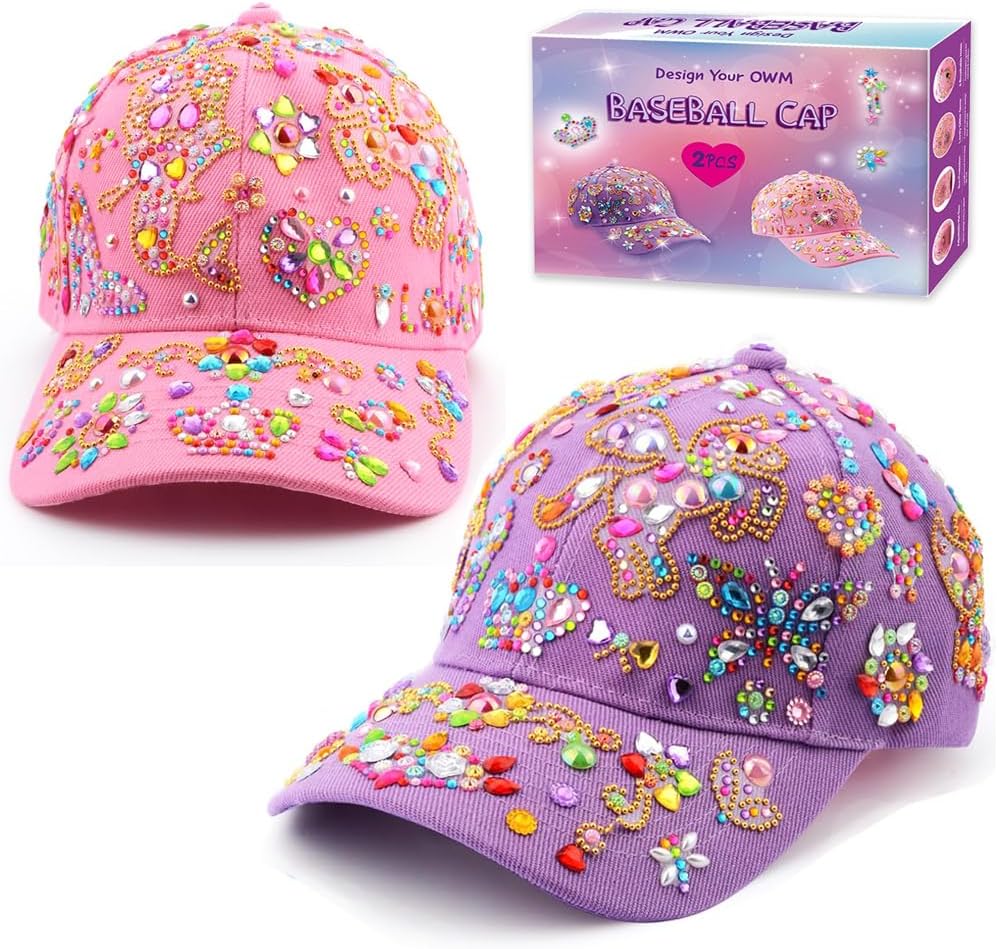JGJGJG Decorate Your Own Baseball Cap Kits,DIY 2 PCS Baseball Hat,Gem Diamond Painting Crafts for Girls 4-8-12,Fun Arts and Crafts Gifts Toys for Girls Birthday Christmas