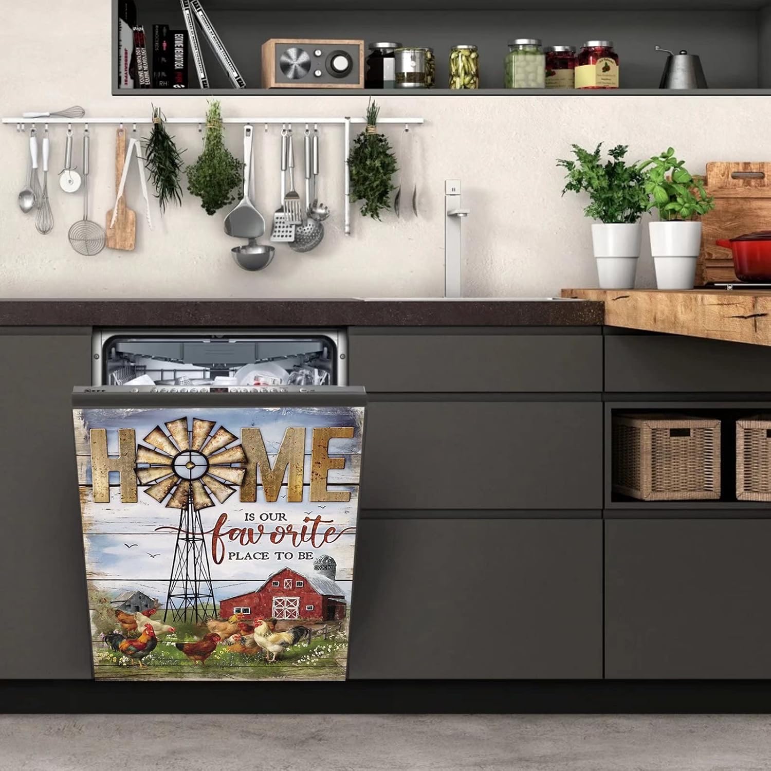Farmhouse Dishwasher Magnet Decorative,Country Chicken Dishwasher Cover for Front,Farm Windmill Decal Fridge Magnetic Refrigerator Door Decor,Rooster Appliance Stickers 23"x26"