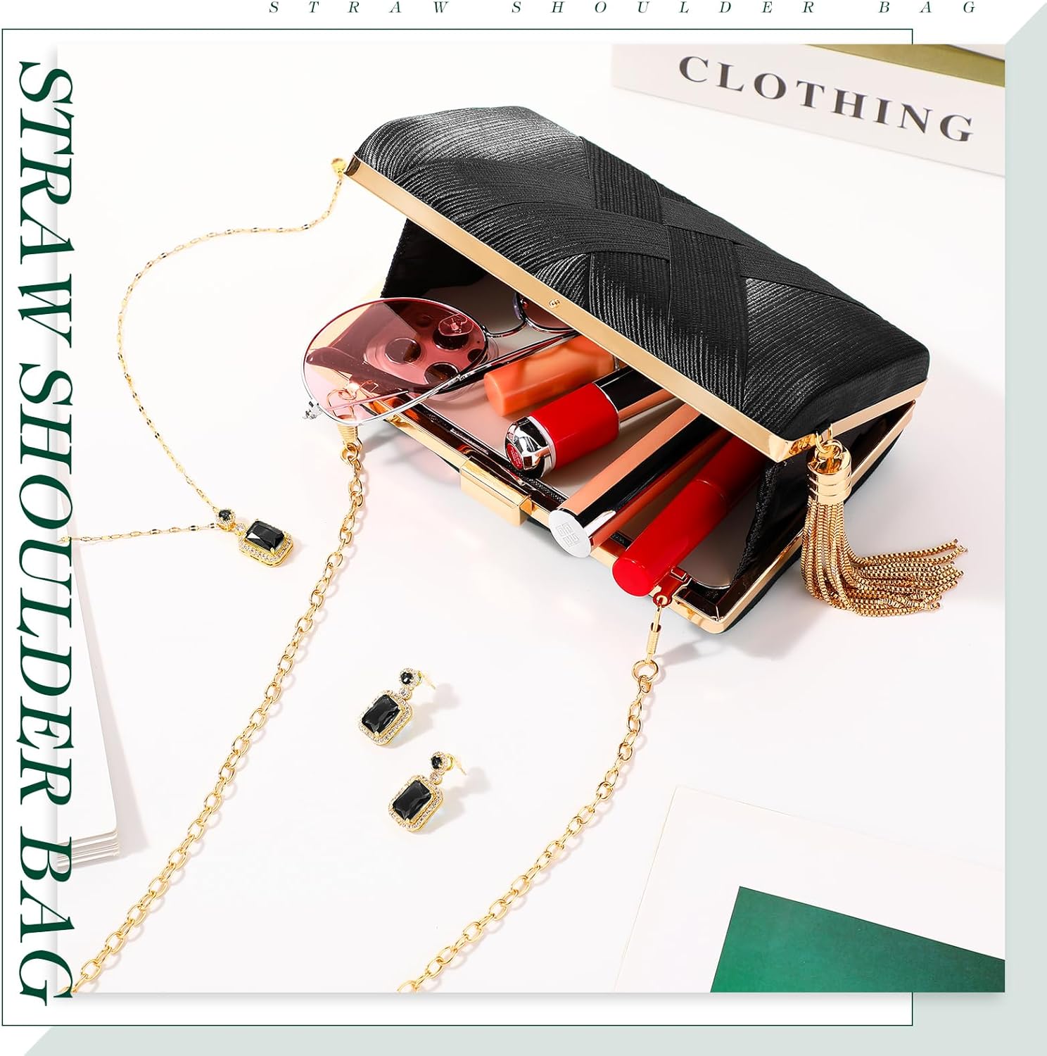 Jadive 3 Pcs Clutch Purses for Women Handbag Evening Purses Bag for Wedding Vintage Banquet Handbag Earrings Necklace Set - Image 5