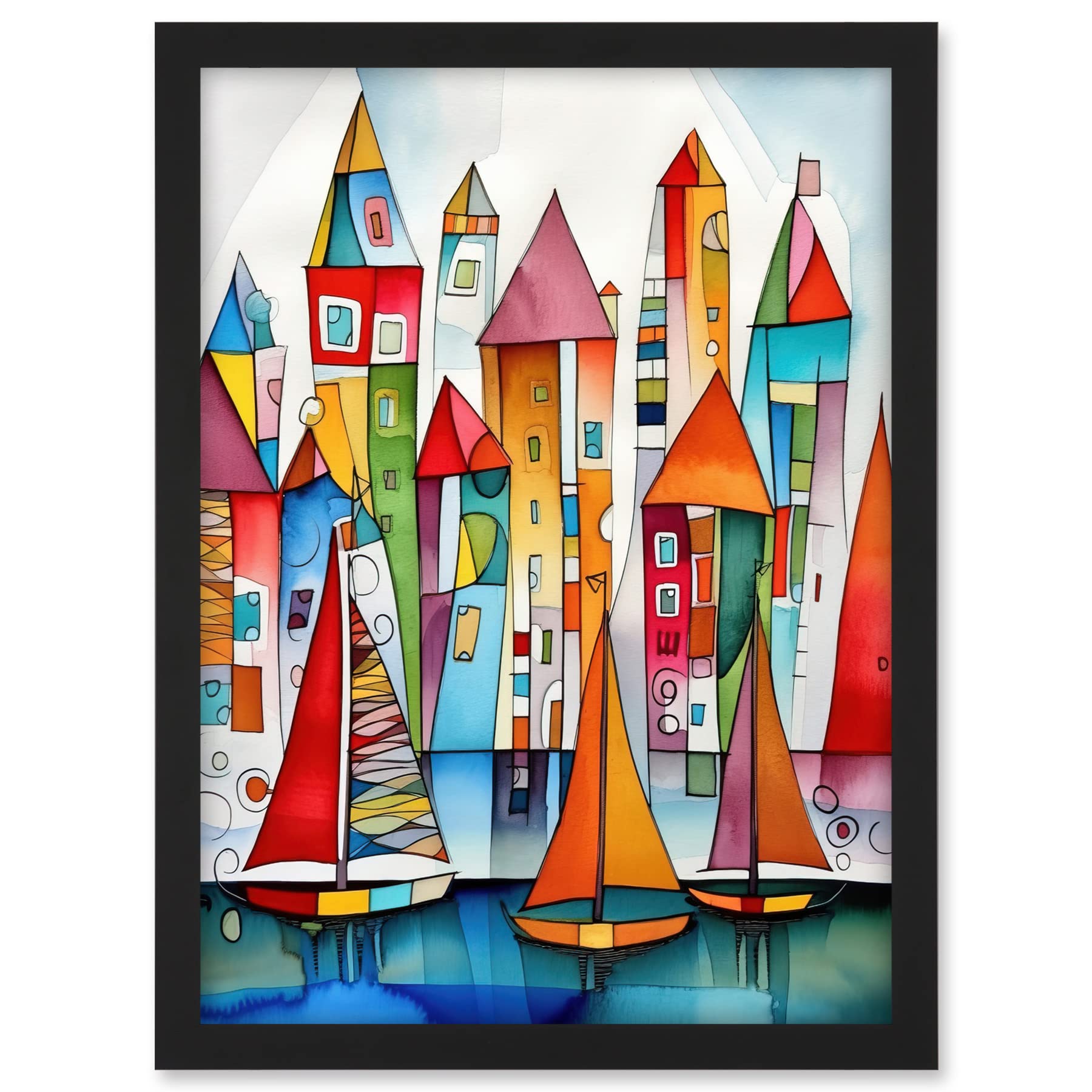 Artery8 Modern Marina Colourful Port Folk Art Watercolour Painting Artwork Framed A3 Wall Art Print