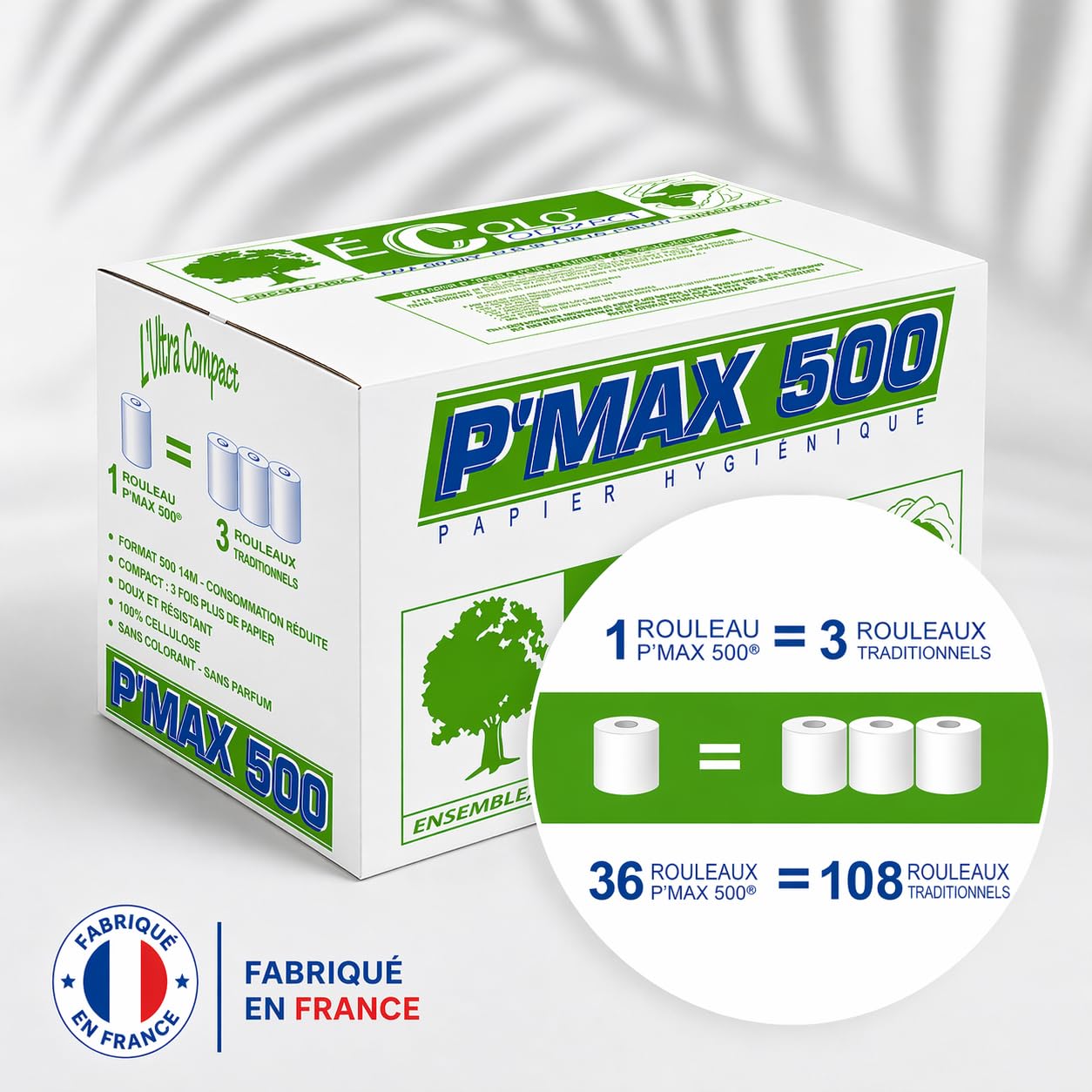 36 Rouleaux = 108 Rouleaux Traditionnels Papier Toilette, P'Max 500, 100% Ouate de Cellulose Blanche, Ultra Compact, 2 Plis, 500 Feuilles,