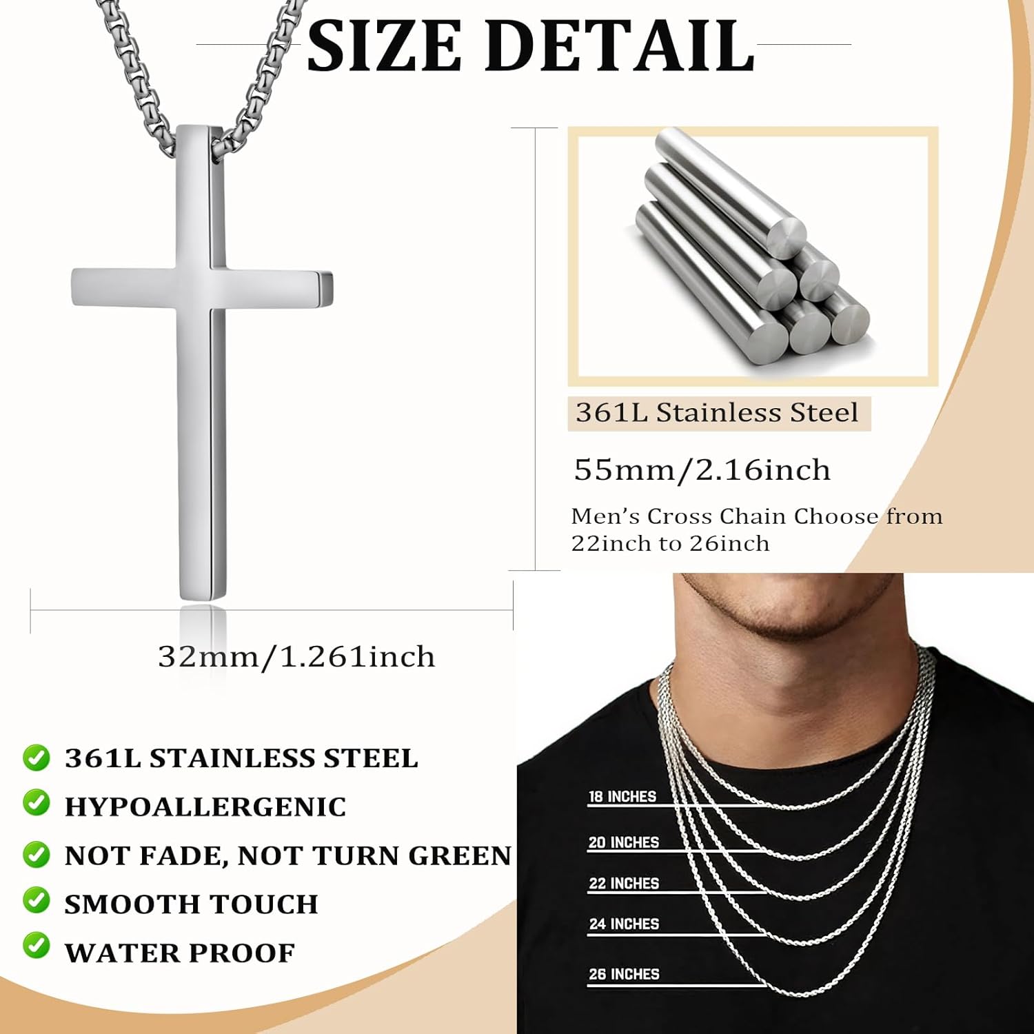 Simple Cross Necklace for Men 316L Stainless Steel Cross Pendant Jesus Christ Cross Jewelry, with Rolo Chain 22/24/26 Inch - Image 6