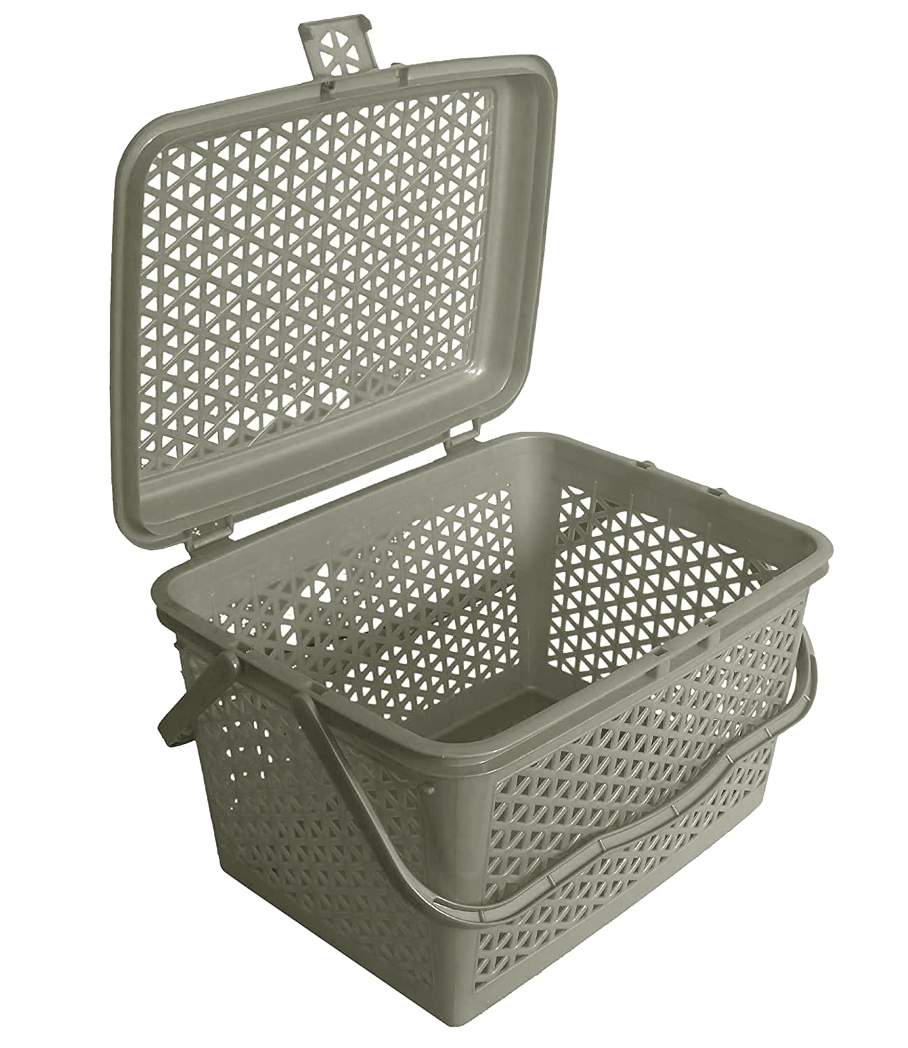 Kuber Industries Plastikowy modny kosz do przechowywania na zakupy z uchwytami, mały kosz na prysznic, do szafy, kuchni, ogrodu, łazienki, zabawek (szary)-HS_38_LUGGAGE21156