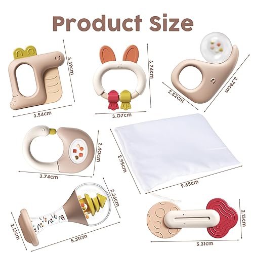 Miniatura 5 de 6 piezas - Juguetes de dentición para 0-6 meses, sonajero juguetes para recién nacidos con campanas, agitador de agarre, mordedores de 0-3-6-12
