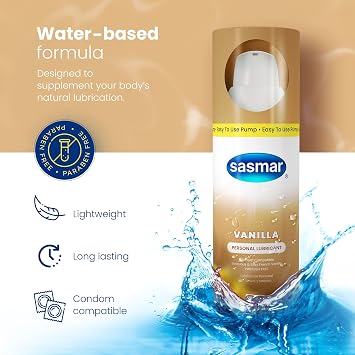 Sasmar Vanilla Flavored Lubricant - Water Based Personal Lube for Men, Women - Feels Natural, Long Lasting Formula, Paraben Free, Toy-Friendly and Condom Safe, Oral Lubricant for Couples - 60 ml