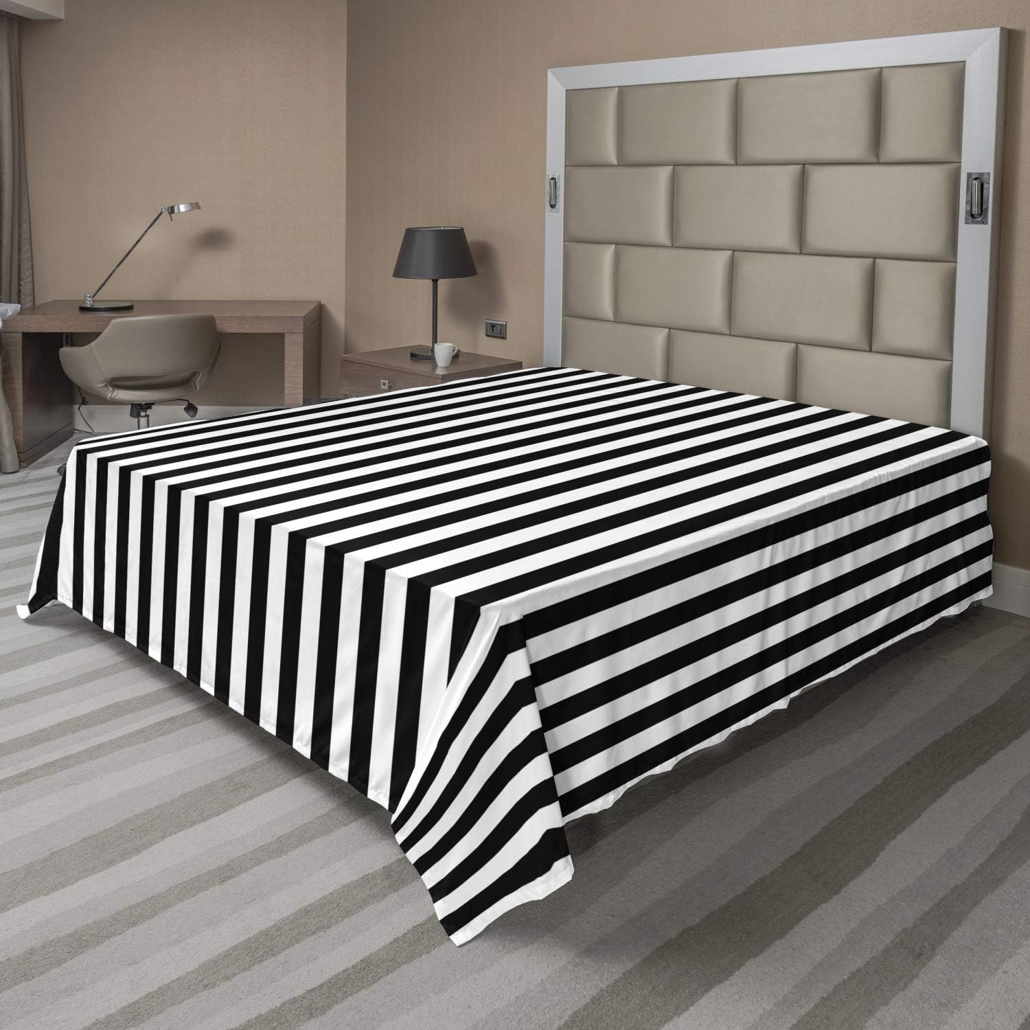 Ambesonne Black and White Stripe Flat Sheet, Classical Pattern with Vertical Lines Modernistic Simplicity Design, Soft Comfortable Top Sheet Decorative Bedding 1 Piece, Queen Size, Black White