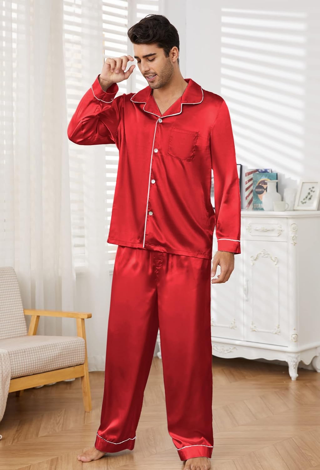 U2SKIIN Mens Silk Pajamas Set, Long Sleeve Satin Pajamas for Men Sleepwear Button Down Pjs Set Two-piece - Image 4