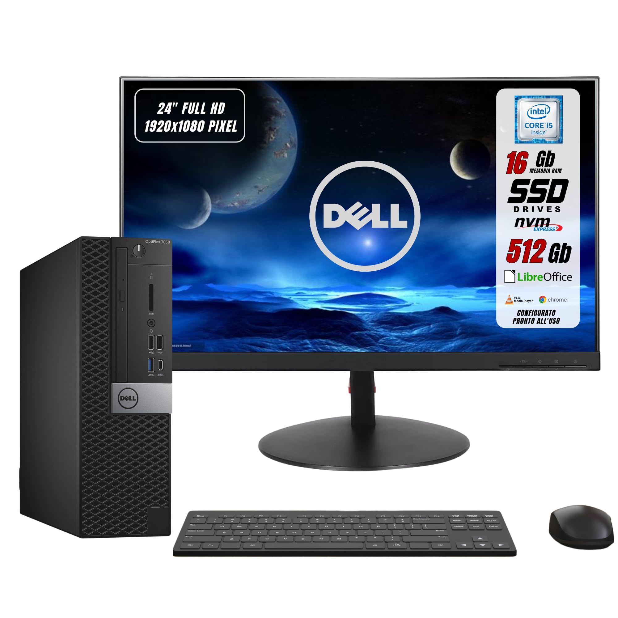 Postazione Completa Pc Desktop Dell Pronto All'Uso Intel i5-7500 4 Core 3.4Ghz, Ram 16Gb, SSD 512 Gb, Monitor 24" FHD, Windows 11, Libre Office, Compreso di Mouse e Tastiera (Ricondizionato)