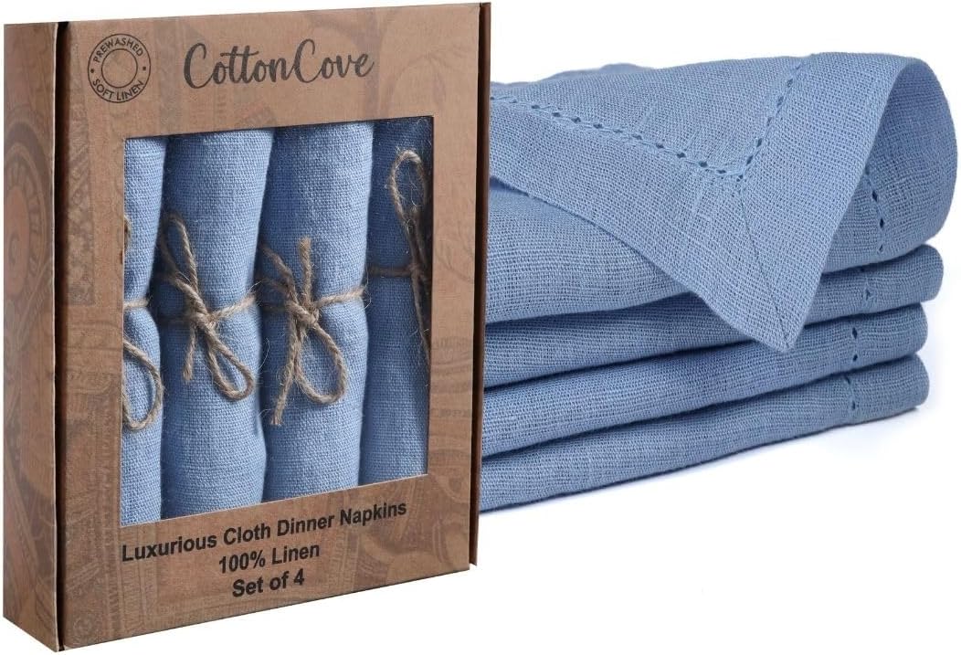 100% Linen Hemstitch Cloth Dinner Napkins - Soft Durable Washable - Ideal for Farmhouse Parties Wedding Christmas - Perfect Everyday Use Set of 4 Table Cloth Napkins 18x18 Light Blue