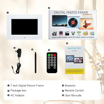 7 Inch Digital Photo Frame, Electronic Photo Frame, Digital Picture Frame 1024x600P Music Photo Video Player 4 Windows Display/Multi-Slideshow/Calendar/Clock Alarm Function with Remote Control