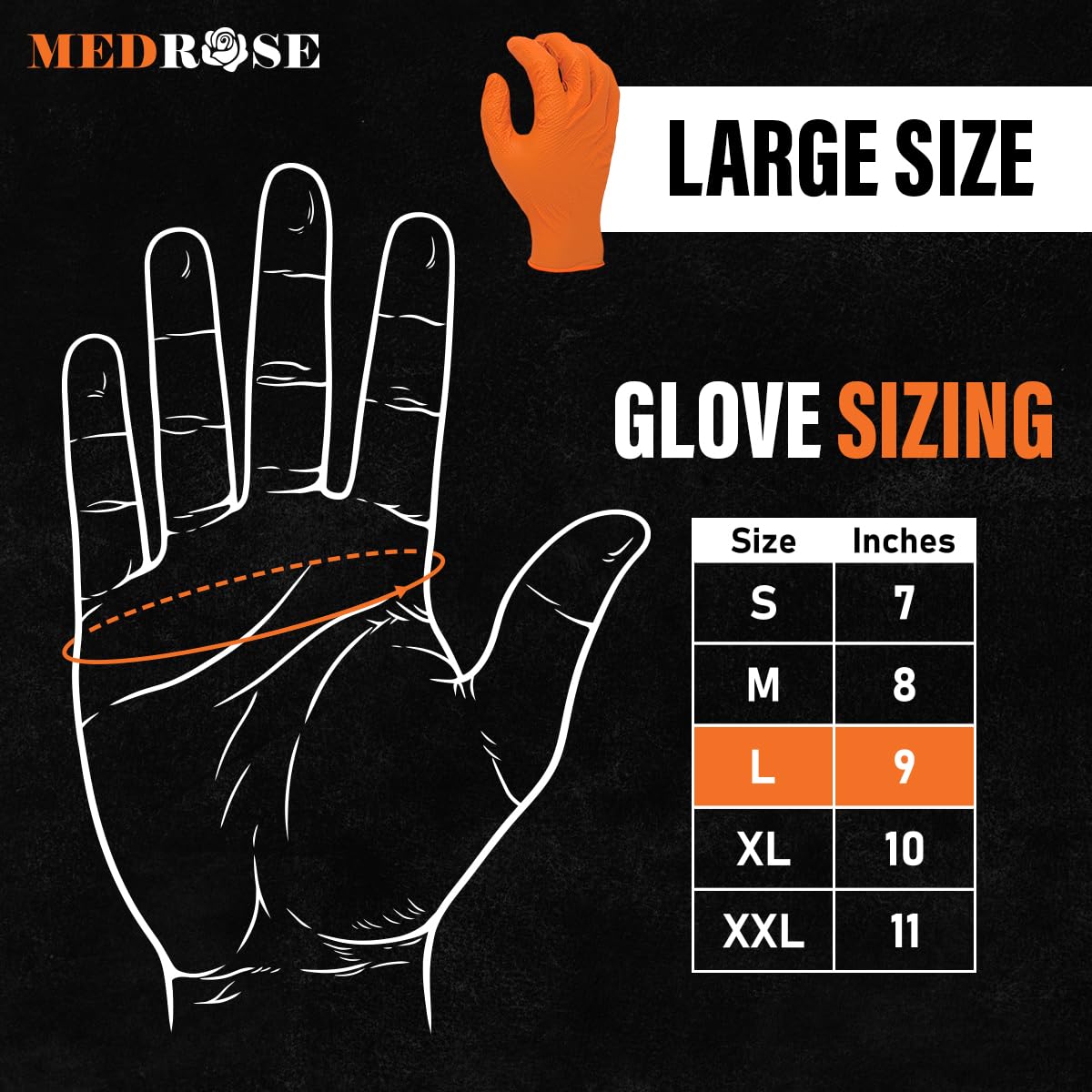 MedRose Disposable Nitrile Gloves –Raised Diamond Texture, Extra Thick, Latex-Free, Powder-Free, Orange Gloves - Ideal for Industrial, Lab, Automotive, and Mechanic Use – Large– 100 Gloves per Box