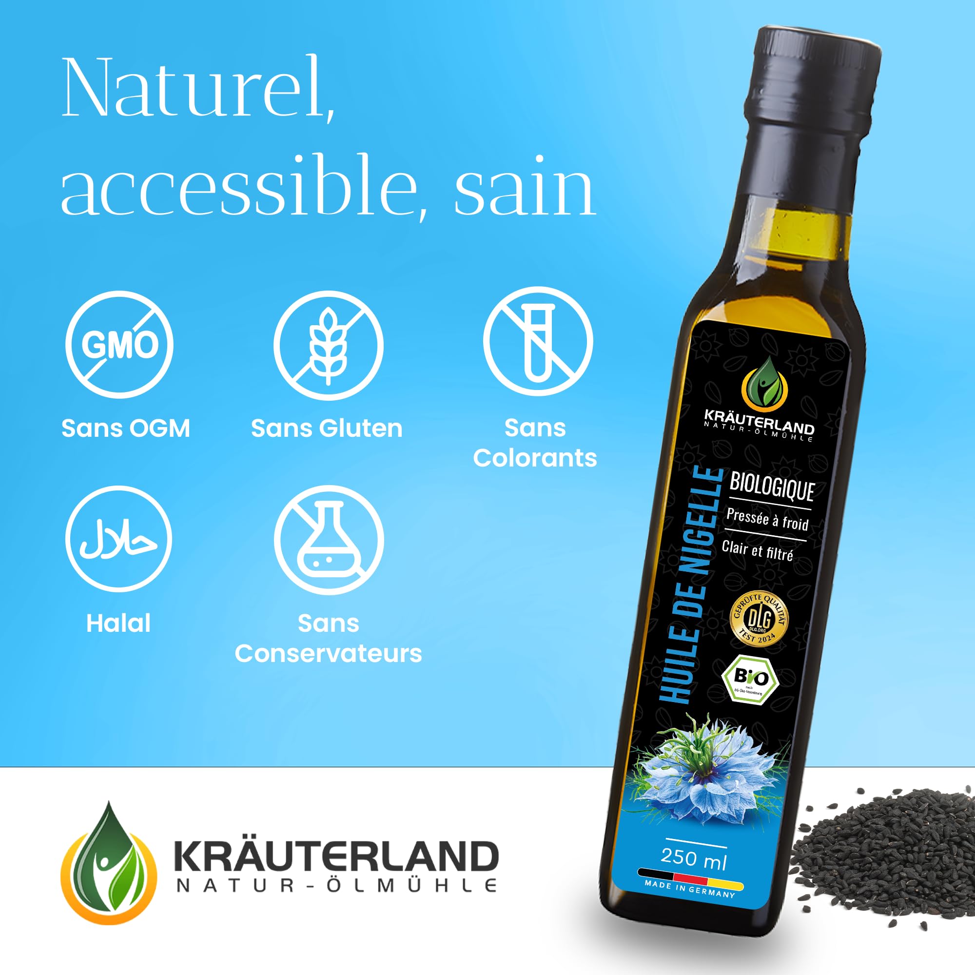 Kräuterland Huile de Nigelle Bio filtrée 250 ml - 100% pure, doucement pressée à froid, égyptienne, nigella sativa, végétalienne - fraîche du moulin directement du No. 1 Fabricant d'Allemagne