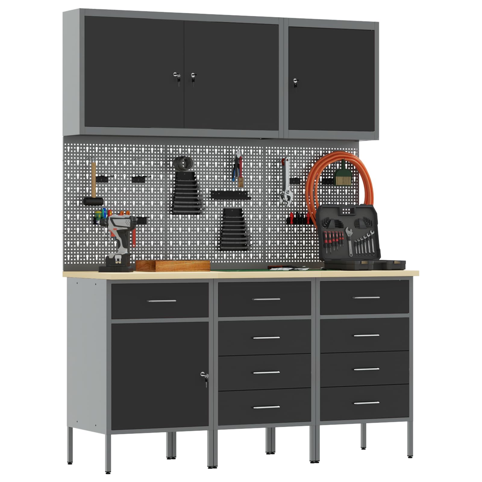 Homogen Werkbank mit Schubladen 8 pcs Schwarz Ingenieure Holz und Stahl 150x55x200 cm Werkstatt Schrank Organizer mit 9 Schubladen und Lochwand für Garage Hobbyraum und Baustelle