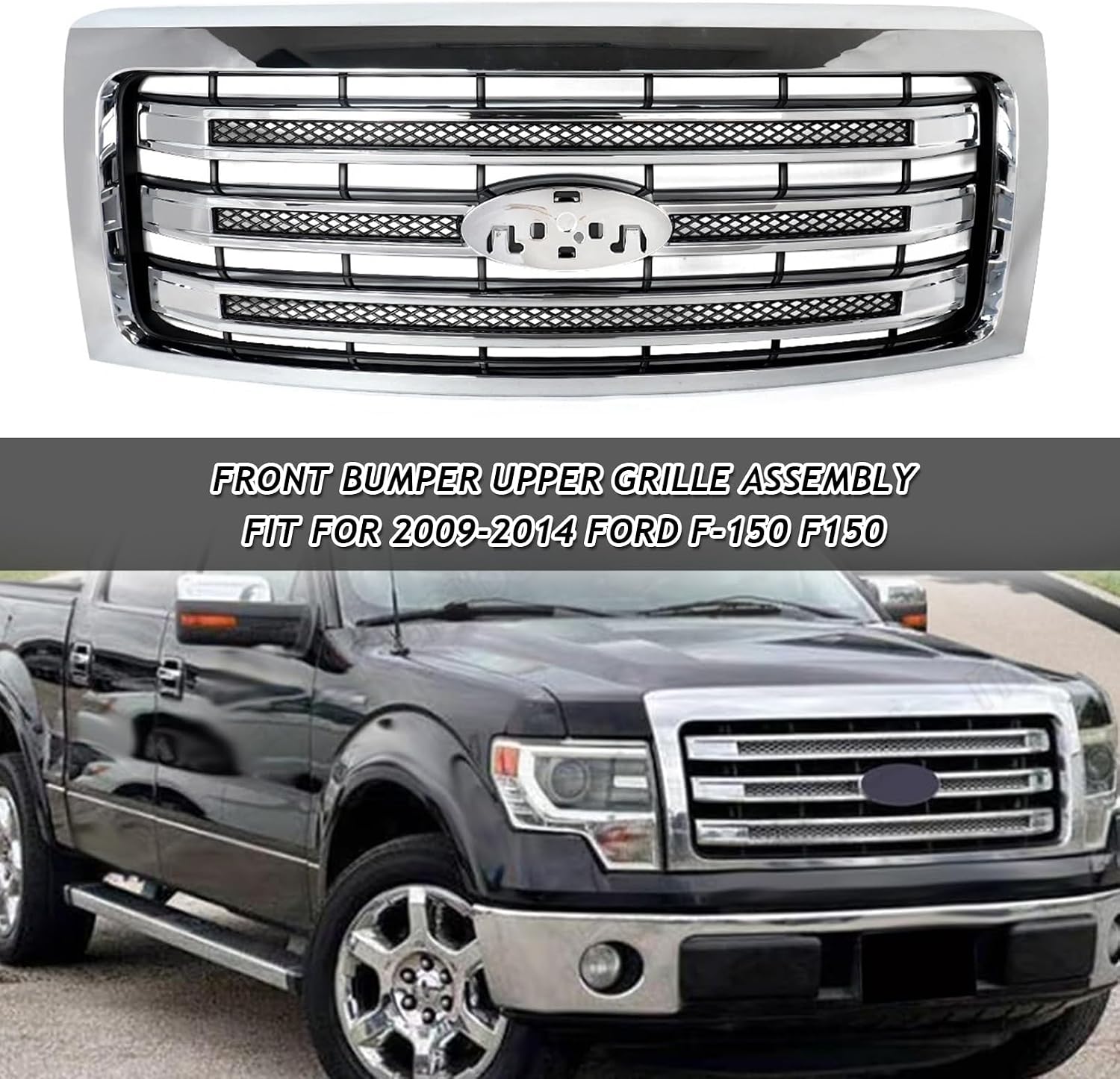 Bewild Front Grille Grill Assembly Fit For 2009-2014 Ford F-150 F150 Front Bumper Upper Grille Air Intake Cover Replacement For DL3Z8200AB (Chrome)