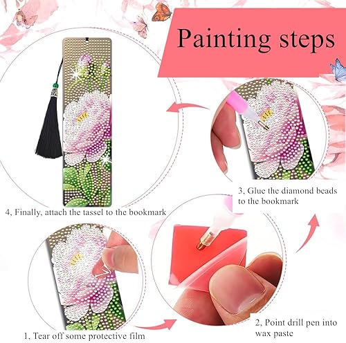 Miniatura 10 de Kit de marcapáginas de arte de diamantes, 2 marcapáginas acrílico con borla, adecuado para amantes del arte de diamantes de imitación y amantes de