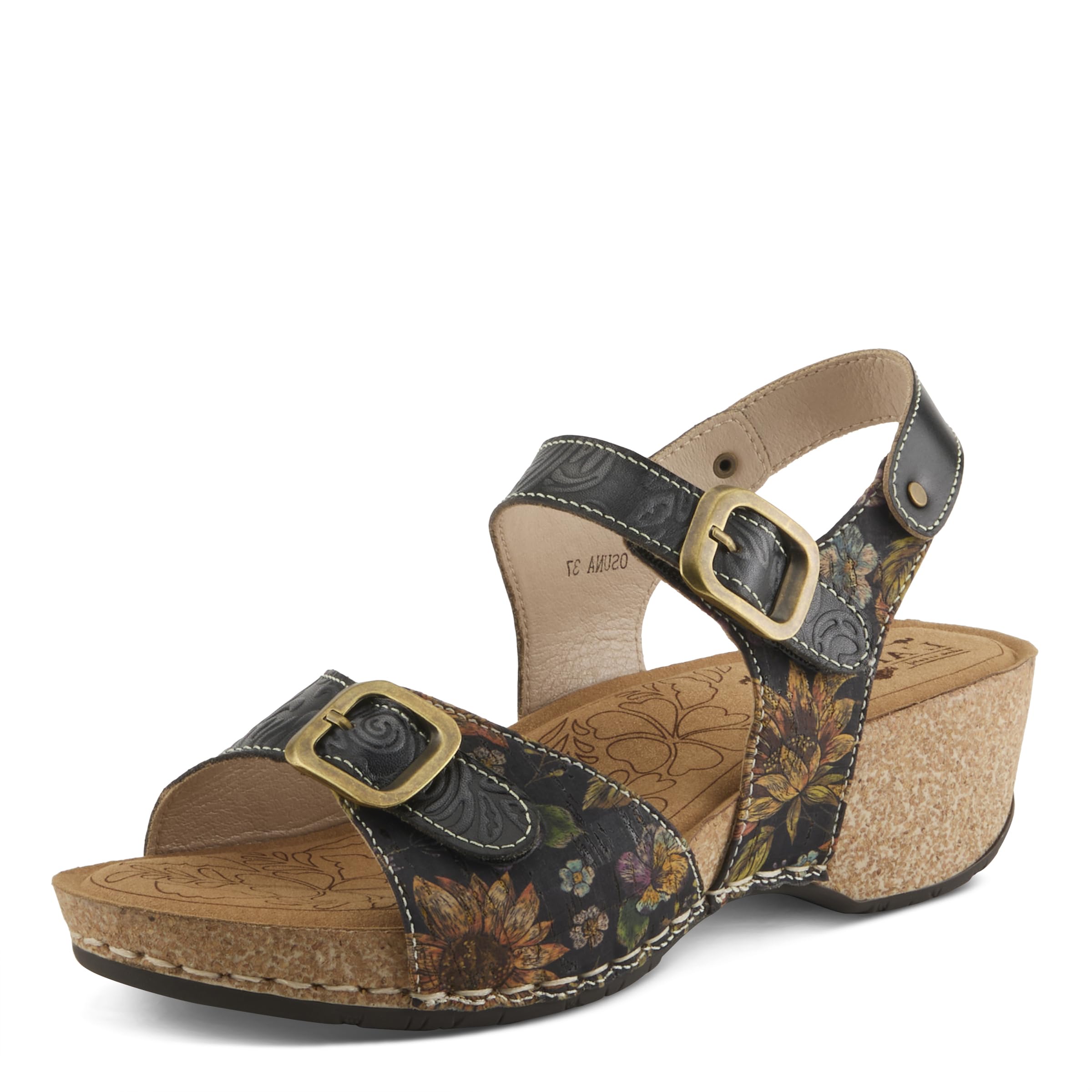 L'Artiste Women's OSUNA Hook-and-Loop Leather Sandals – Floral Cork Design, Adjustable Straps, Cushioned Demi-Wedge Sole