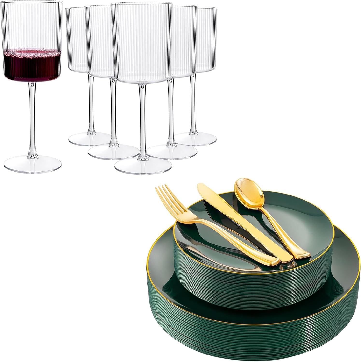 YOUBET 24 Pack Plastic Ribbed Wine Glasses - 10 OZ Clear Square Wine Glasses with Stem & 125PCS Green Plastic Plates - Green Disposable Plates With Gold Rim