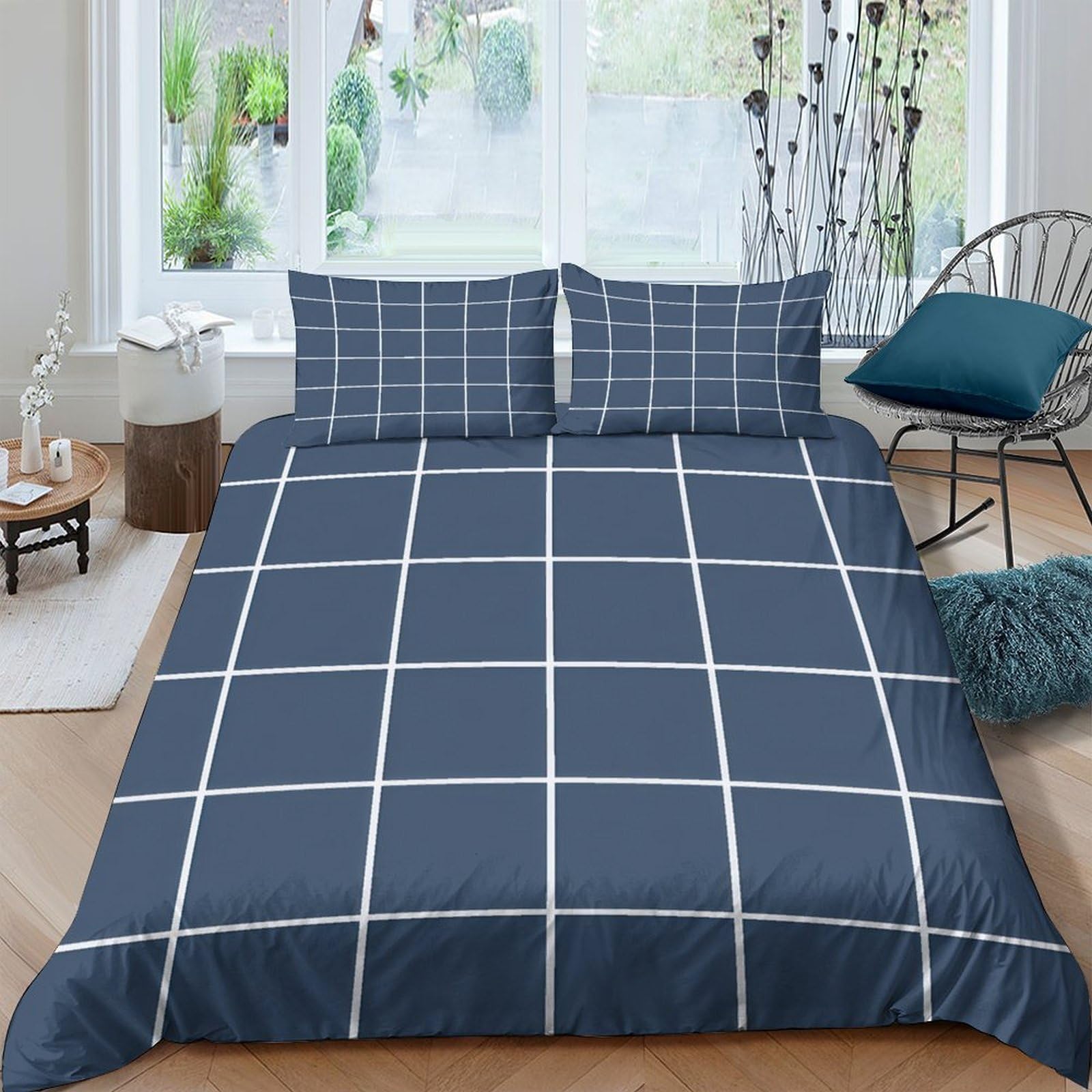 Ctjqhvkz Style-8 3D Printed Navy Blue Grid Fitted Sheet Microfiber Soft Breathable Plaid Mattress Cover For Bedroom Dorm Guest Bed Decor Single（135X200cm）
