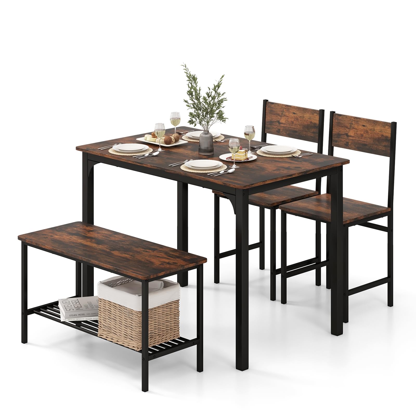 HOMASIS Set da tavolo da pranzo 4 pezzi, con 2 sedie e 1 panchina, set da pranzo industriale con struttura in metallo e scaffale di stoccaggio, set da tavolo da bar per cucina, sala da pranzo (Café)