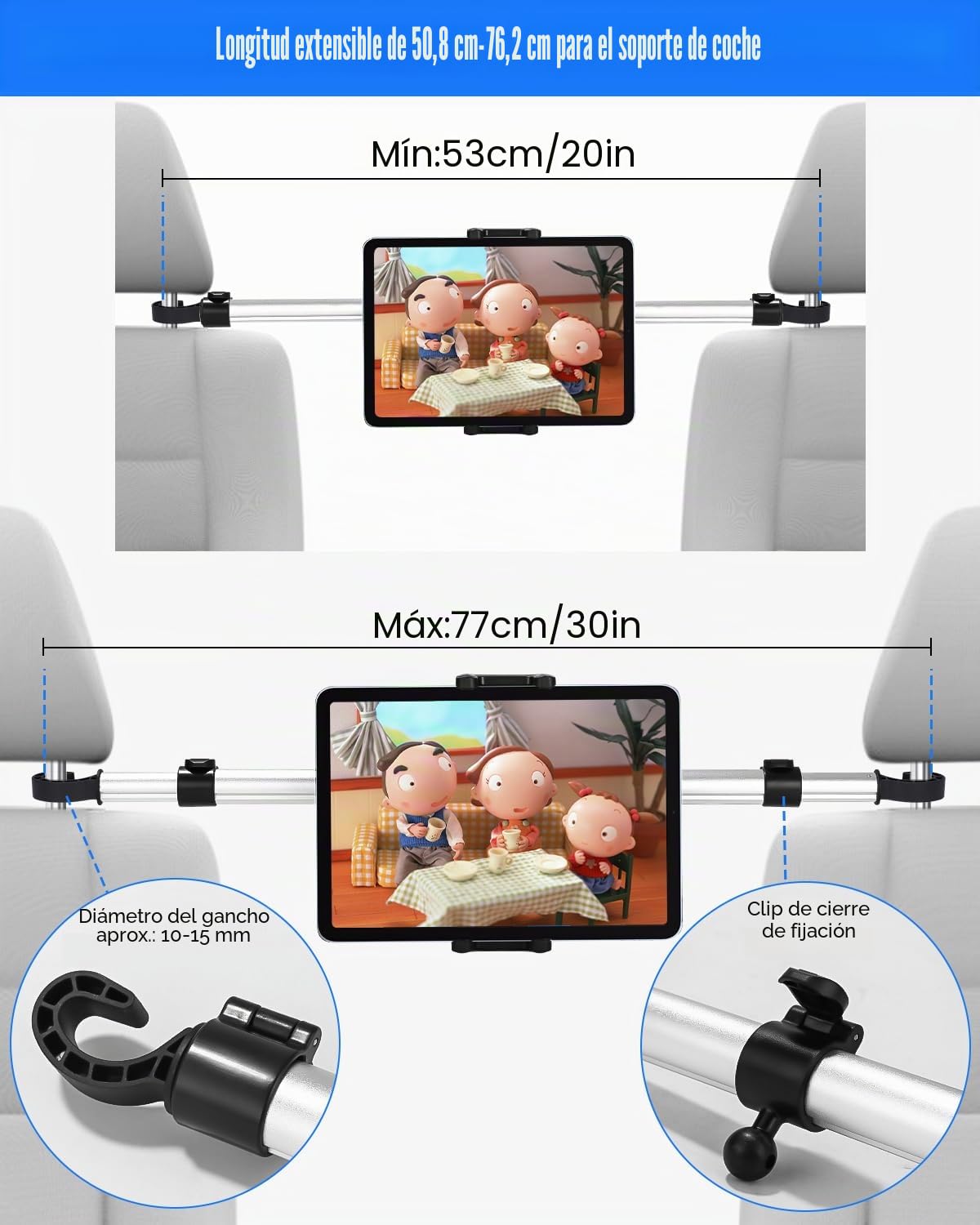 Soporte de metal para tablet para coche, antivibración, con 4 ganchos para el asiento del coche, soporte universal ajustable para tablet de 4,5 a 13 pulgadas, iPad Mini Air Pro 12,9 11, Switch
