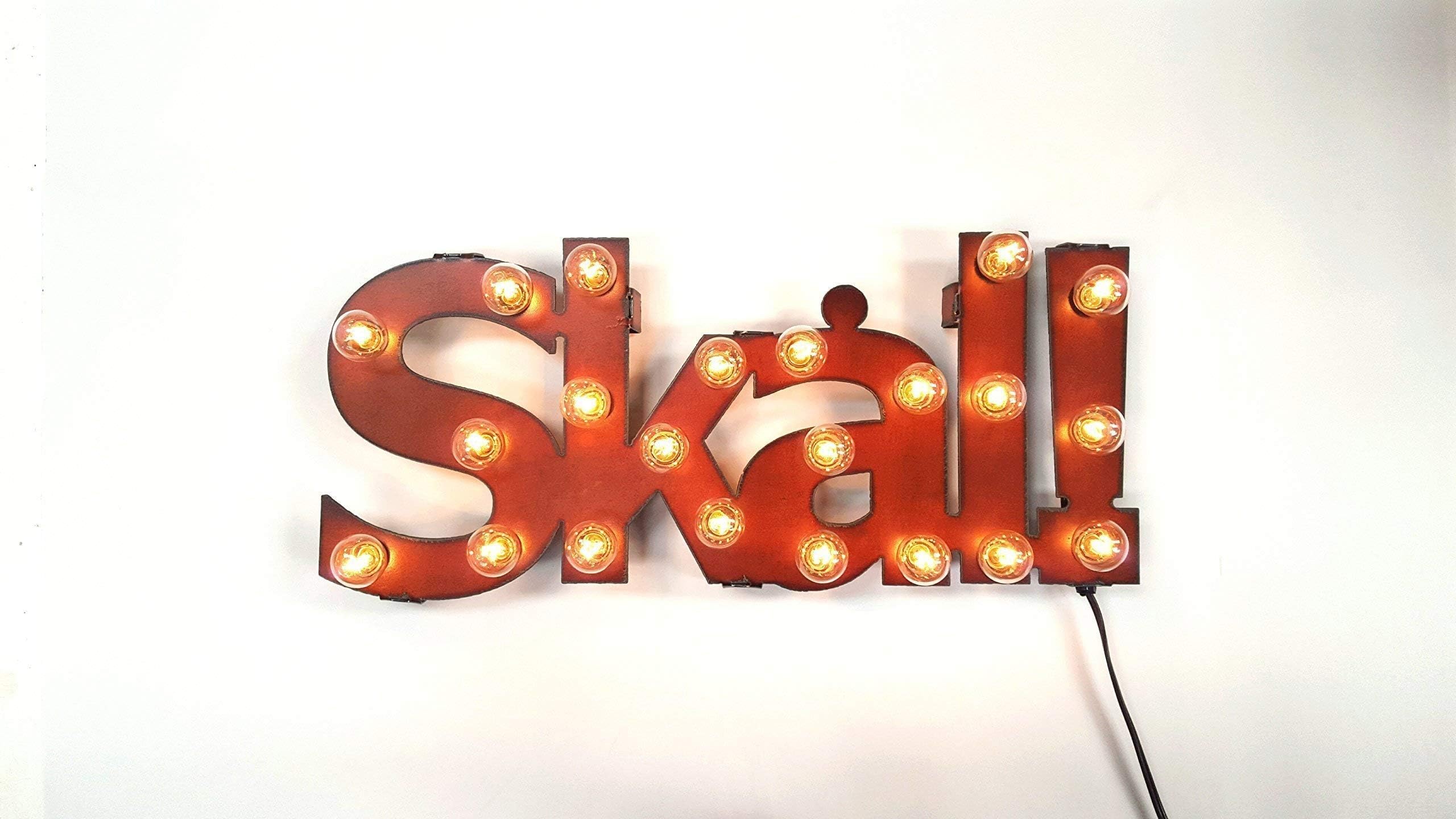Skal Cheers in Viking marquee lighted sign made out of rusted metal