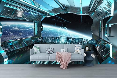 FLFK Papel tapiz autoadhesivo 3D para interior de nave espacial con vista y planeta, murales de pared para despegar y pegar, papel grande para