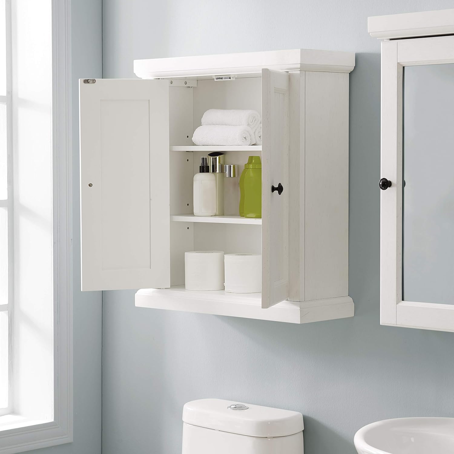 Crosley Furniture Seaside Wall Mounted Bathroom Storage Medicine Cabinet with Shelves, Distressed White