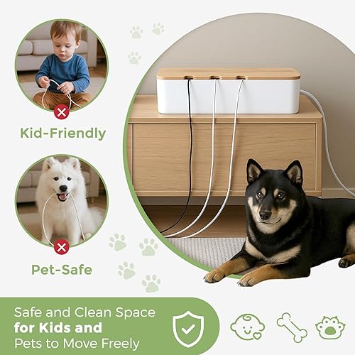 Miniatura 6 de Caja de organización de cables, caja organizadora de cables con tapa de bambú, organización de cables debajo del escritorio con 10 bridas y 2