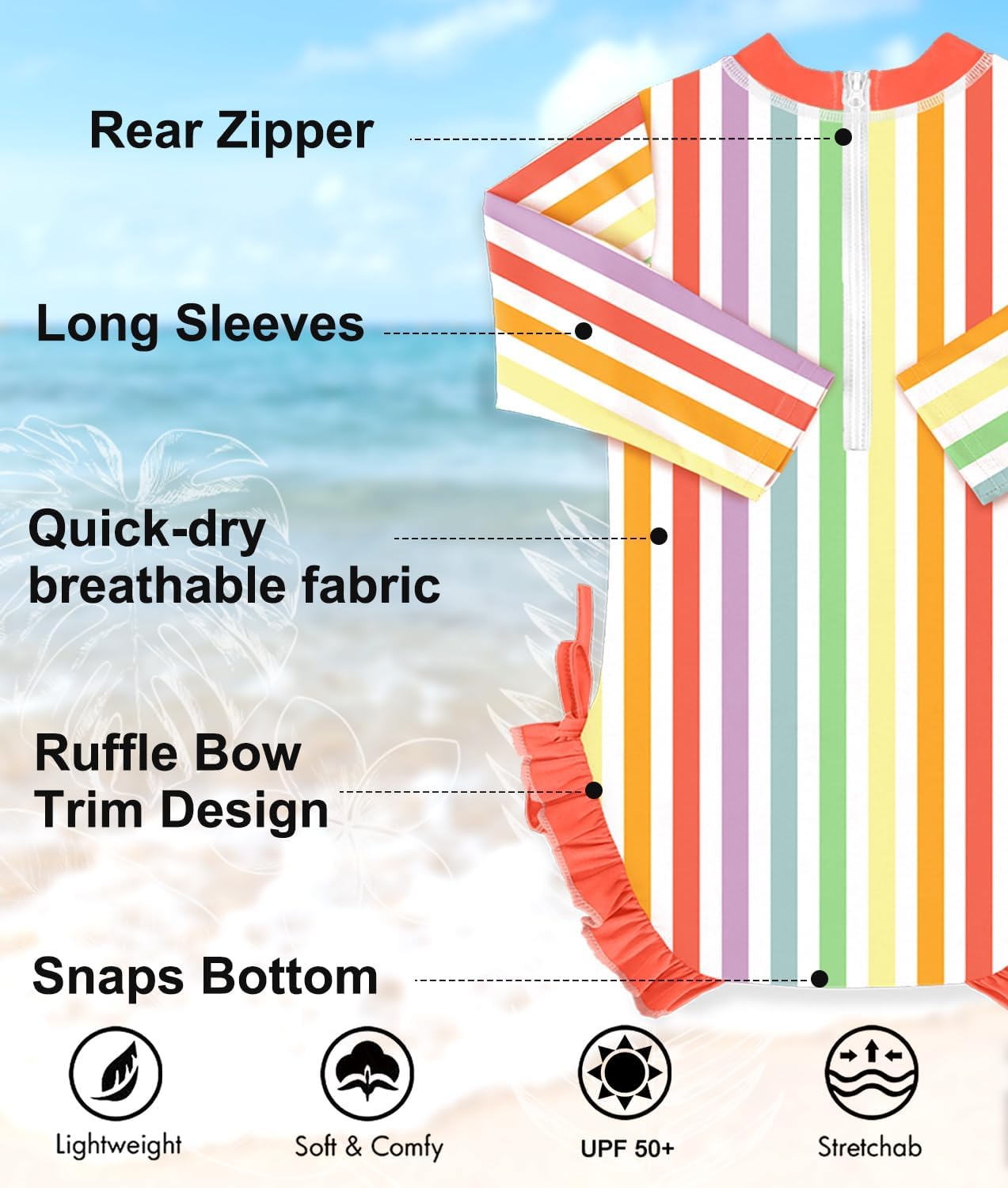 BesserBay Baby Girl Swimsuit UPF 50+ Long Sleeve Zipper Snaps Bottom One Piece Rash Guard 0-36 Months