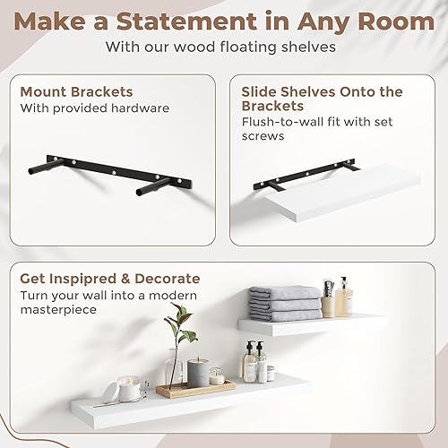 Miniatura 5 de Juego de 2 estantes flotantes de 36 pulgadas para pared, estantes de baño de grano de madera de 8 pulgadas de profundidad con soportes invisibles,